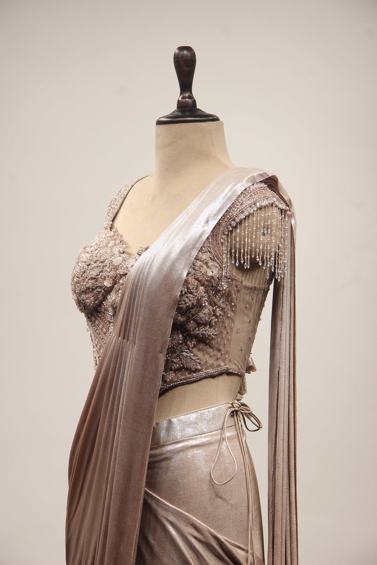 Coffee Imported Drape Saree with Hand Embroidery & Cut Dana Handwork – other side close-up