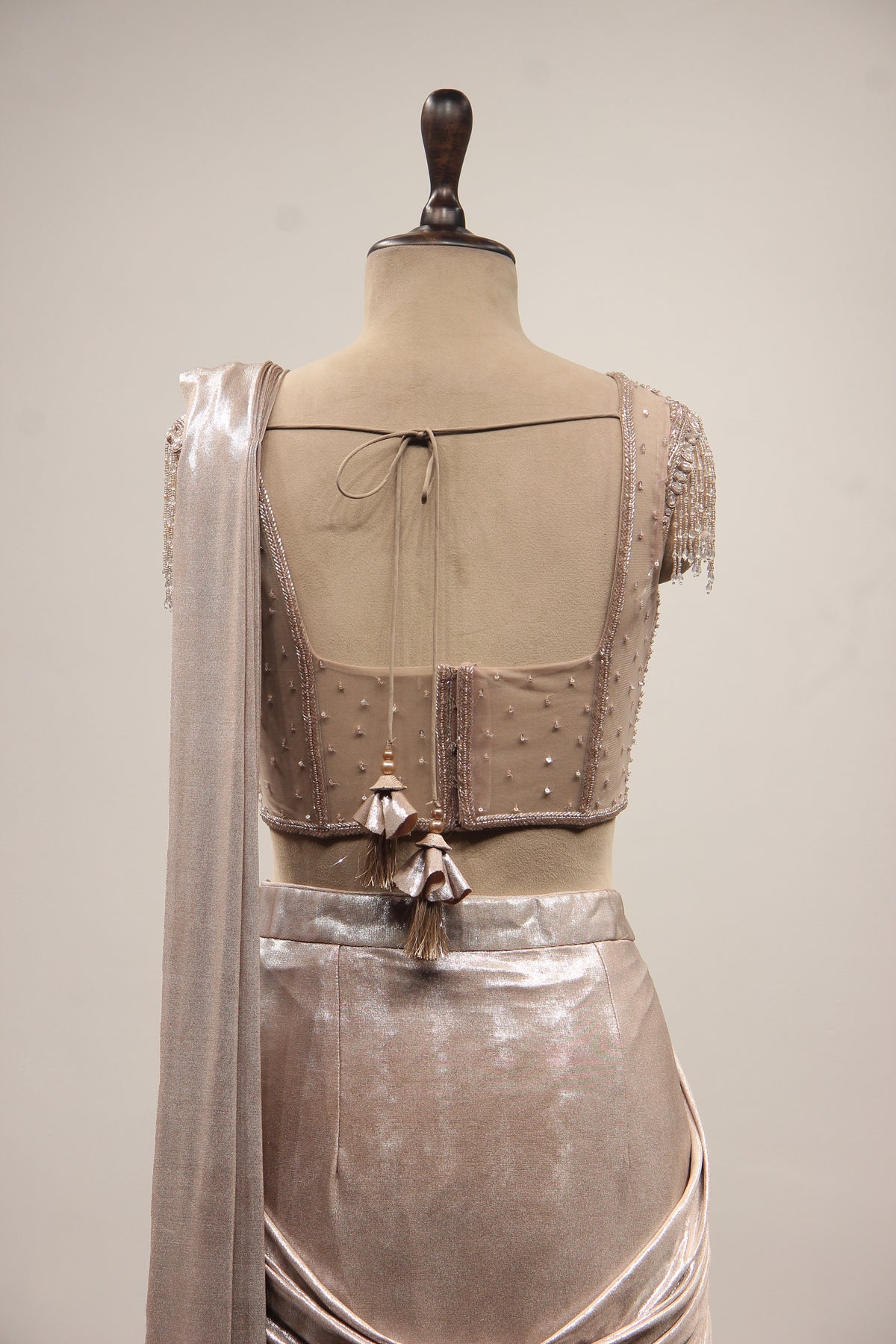 Coffee Imported Drape Saree with Hand Embroidery & Cut Dana Handwork – back close-up
