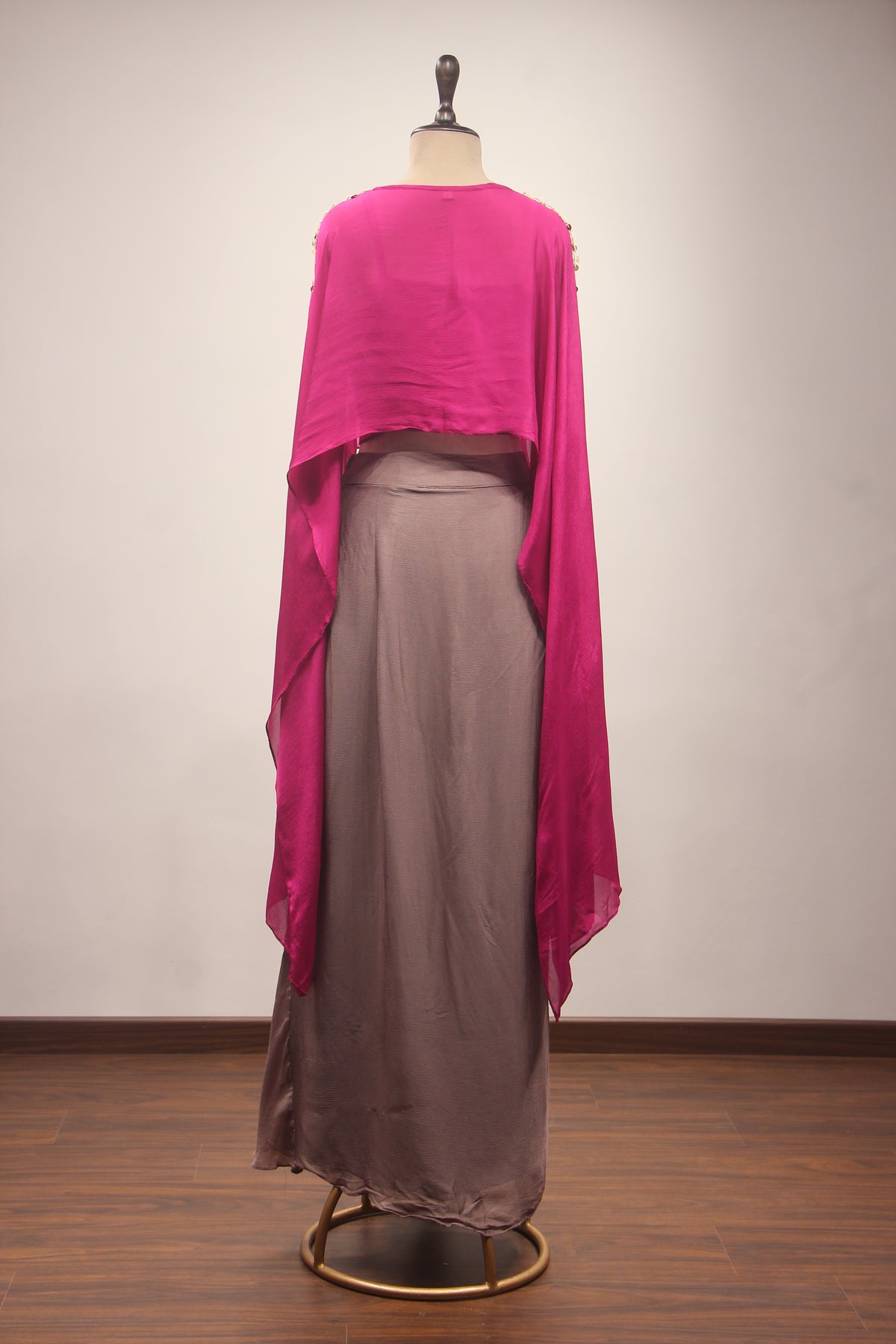 Fuchsia Pink Gota Patti & Zari Embroidered Full-Sleeve Top with Draped Cowl Skirt