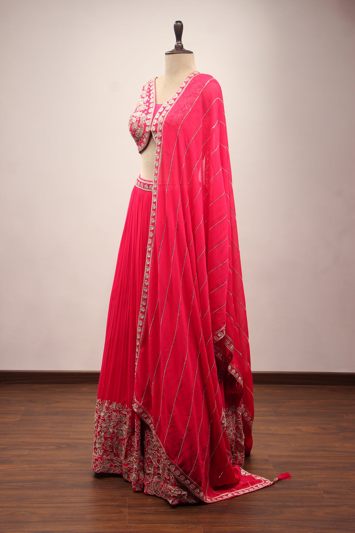 Orange Georgette Lehenga with Resham & Zari Handwork Crop Top in Pink – side view