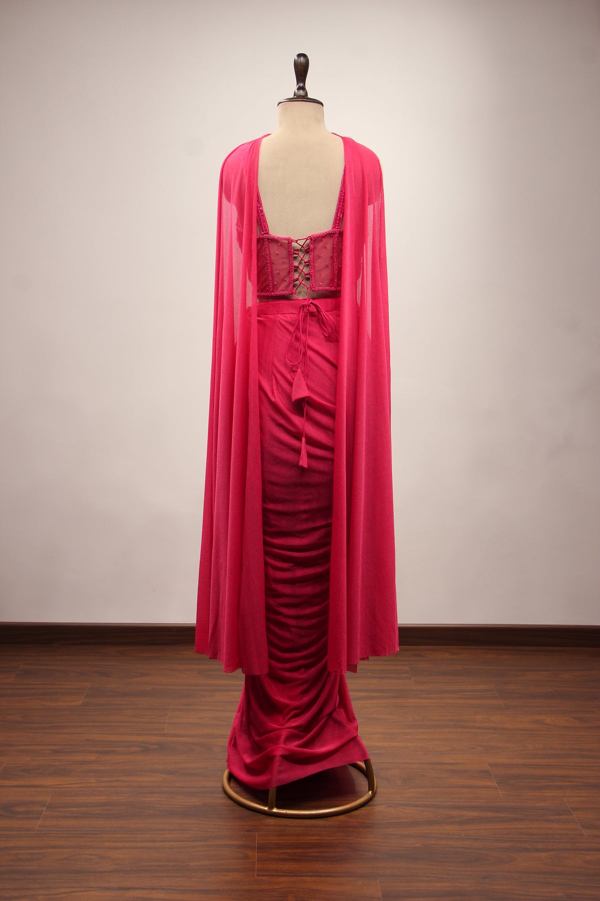 Imported Indo Western Choker Dupatta Set with Bead & Sequin Handwork in Pink – back view