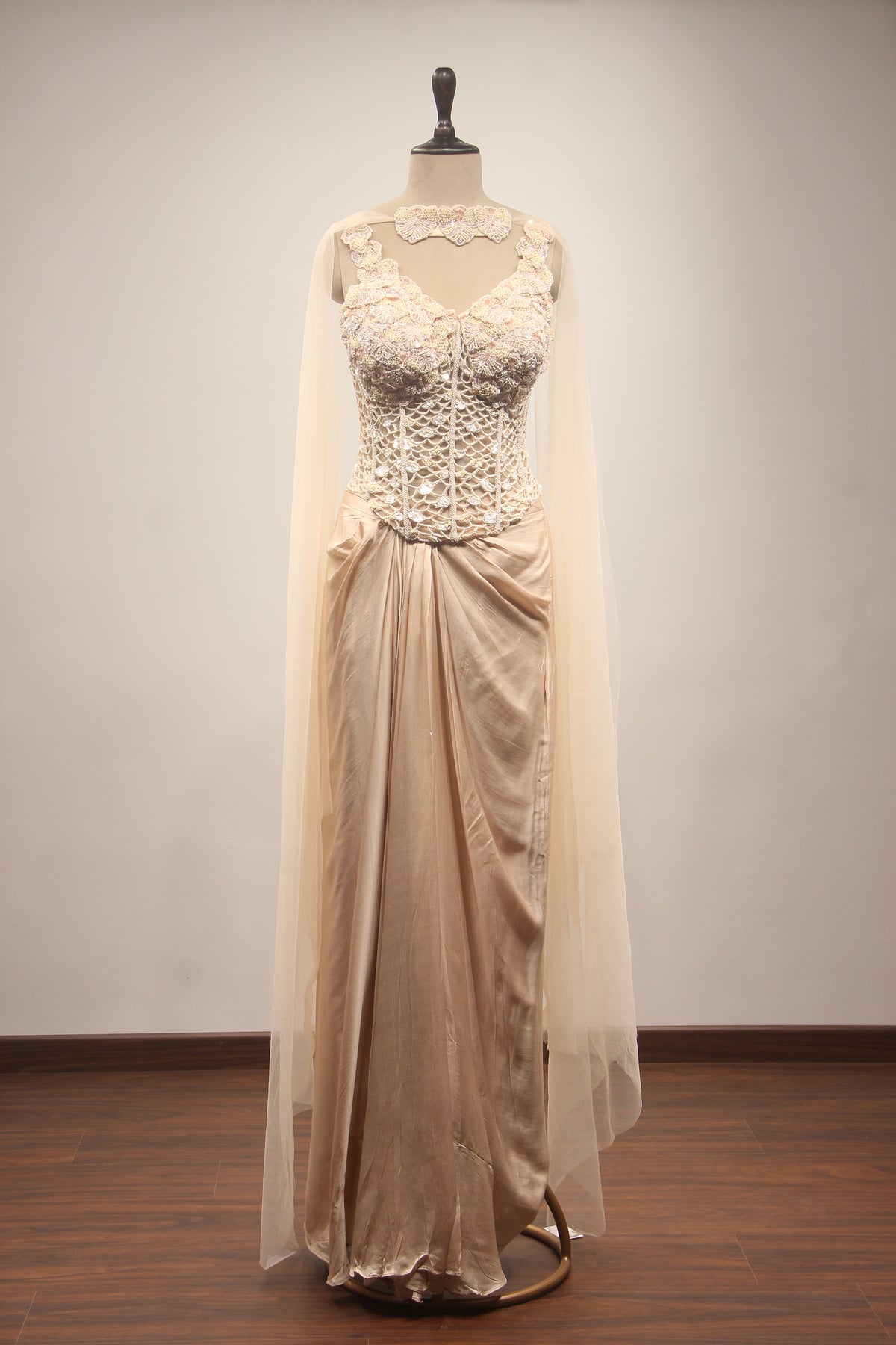 Beige Sequin & Mirror Embroidered Net Corset Blouse with Draped Cowl Skirt