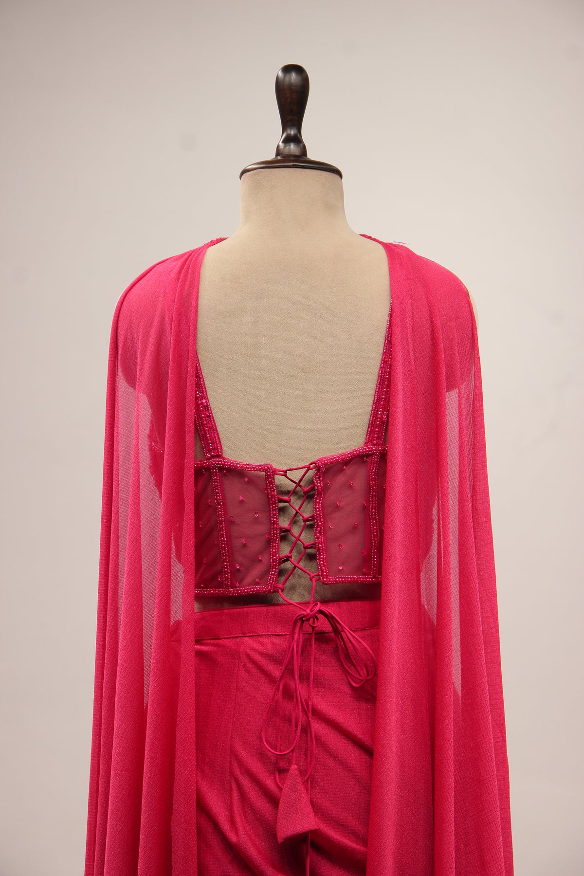 Imported Indo Western Choker Dupatta Set with Bead & Sequin Handwork in Pink – back close-up
