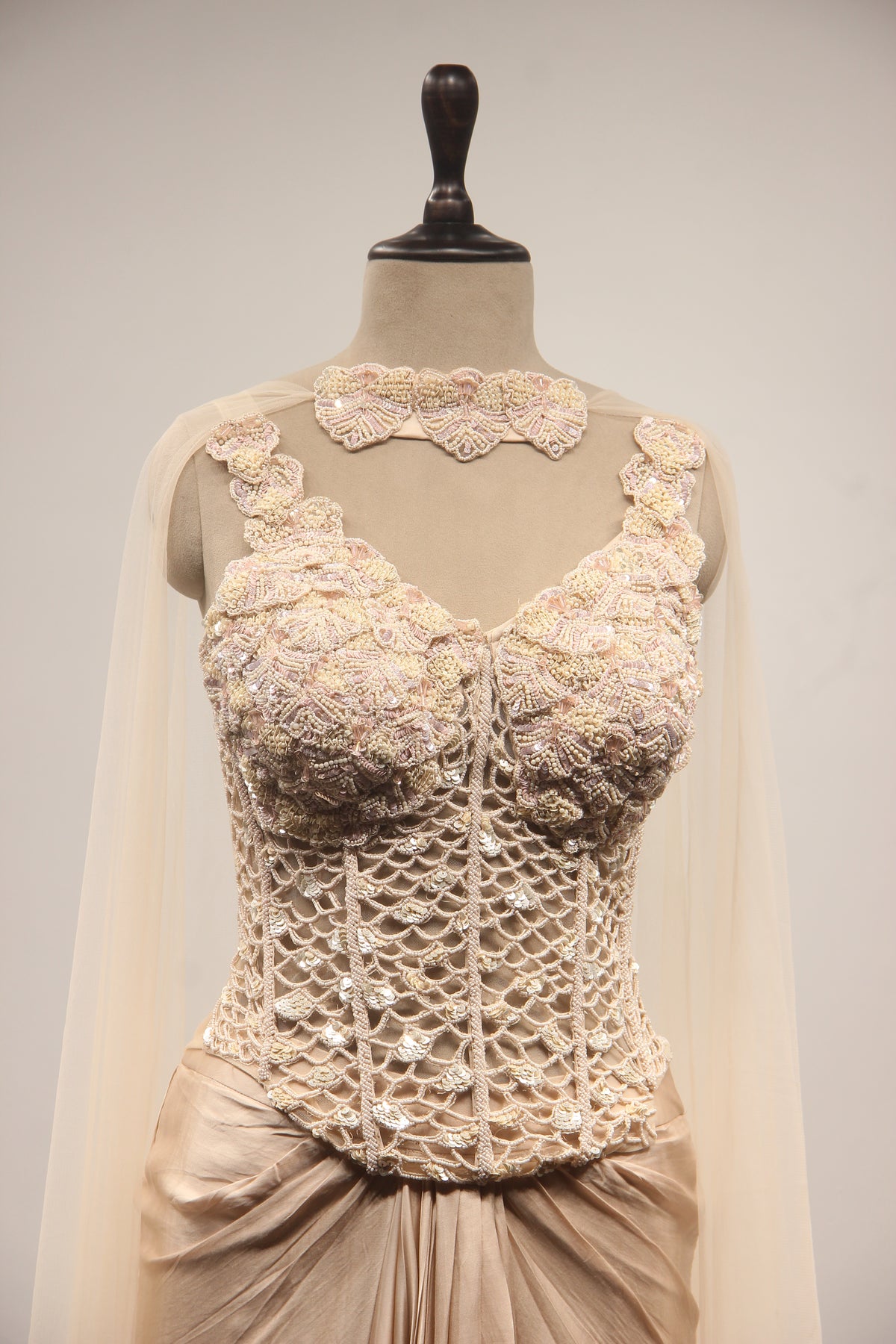 Beige Sequin & Mirror Embroidered Net Corset Blouse with Draped Cowl Skirt