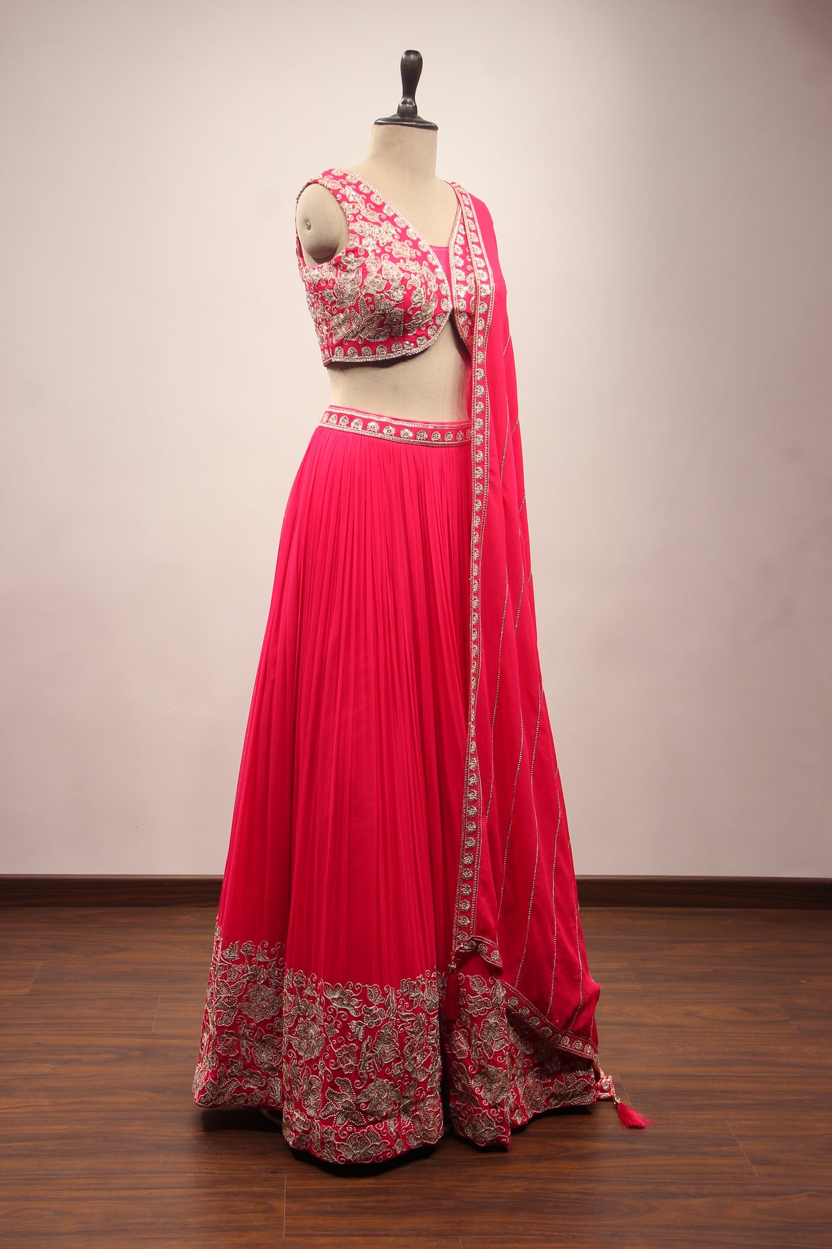 Orange Georgette Lehenga with Resham & Zari Handwork Crop Top in Pink – other side view
