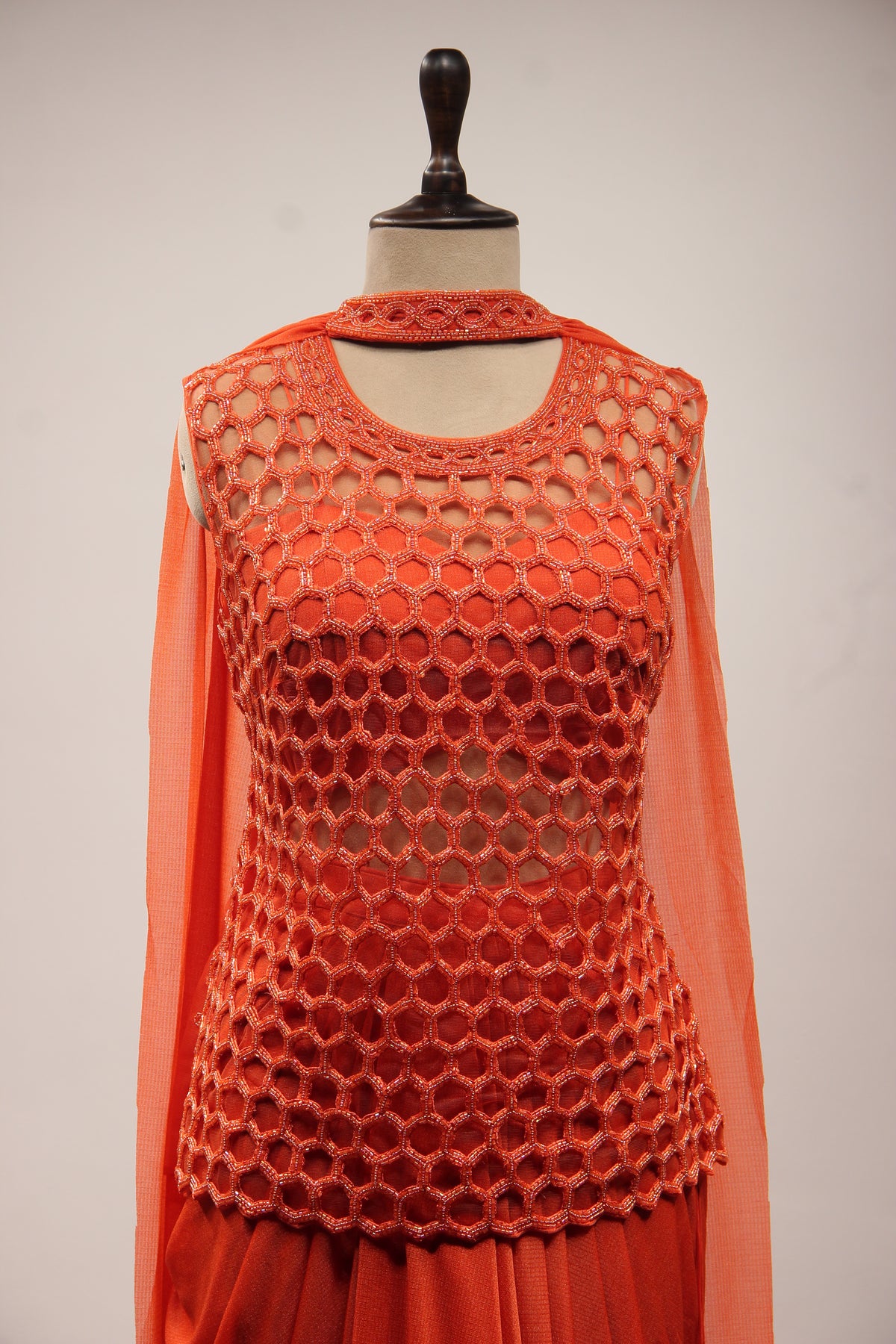 Imported Indo Western Honeycomb Long Top with Cut Dana & Bead Handwork in Orange – front close-up