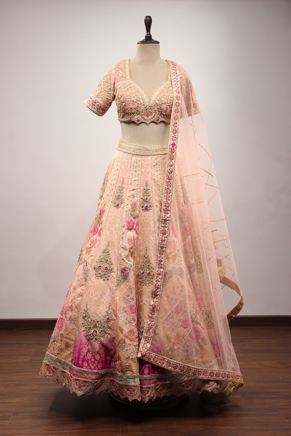 Pink Banarsi Brocade Lehenga with Gota Patti & Zari Handwork Crop Top