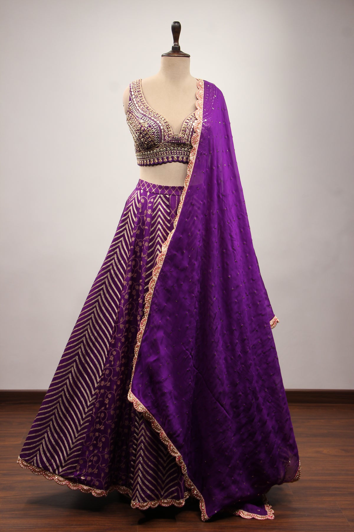Purple Banarasi Brocade Lehenga with Mirror & Zari Handwork Crop Top – front view