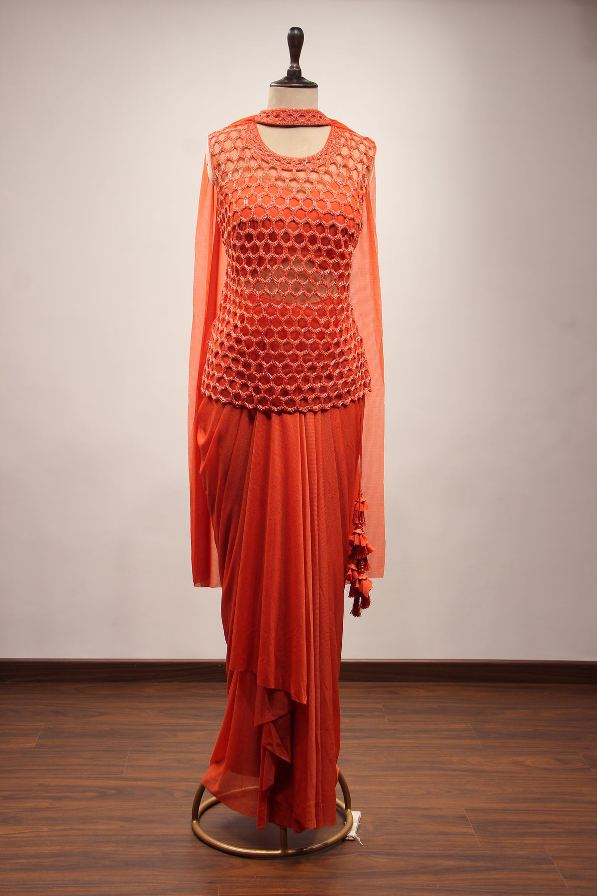 Imported Indo Western Honeycomb Long Top with Cut Dana & Bead Handwork in Orange – front view