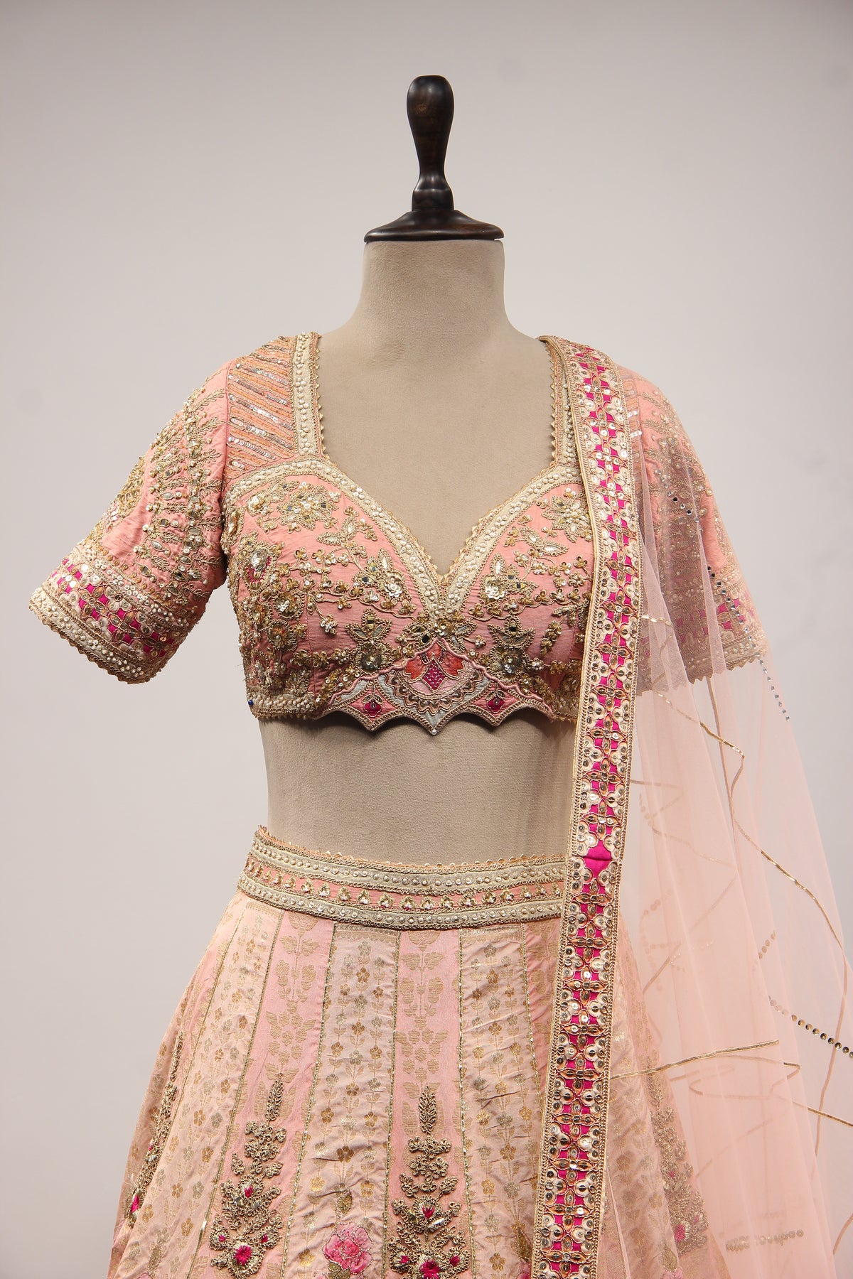Pink Banarsi Brocade Lehenga with Gota Patti & Zari Handwork Crop Top
