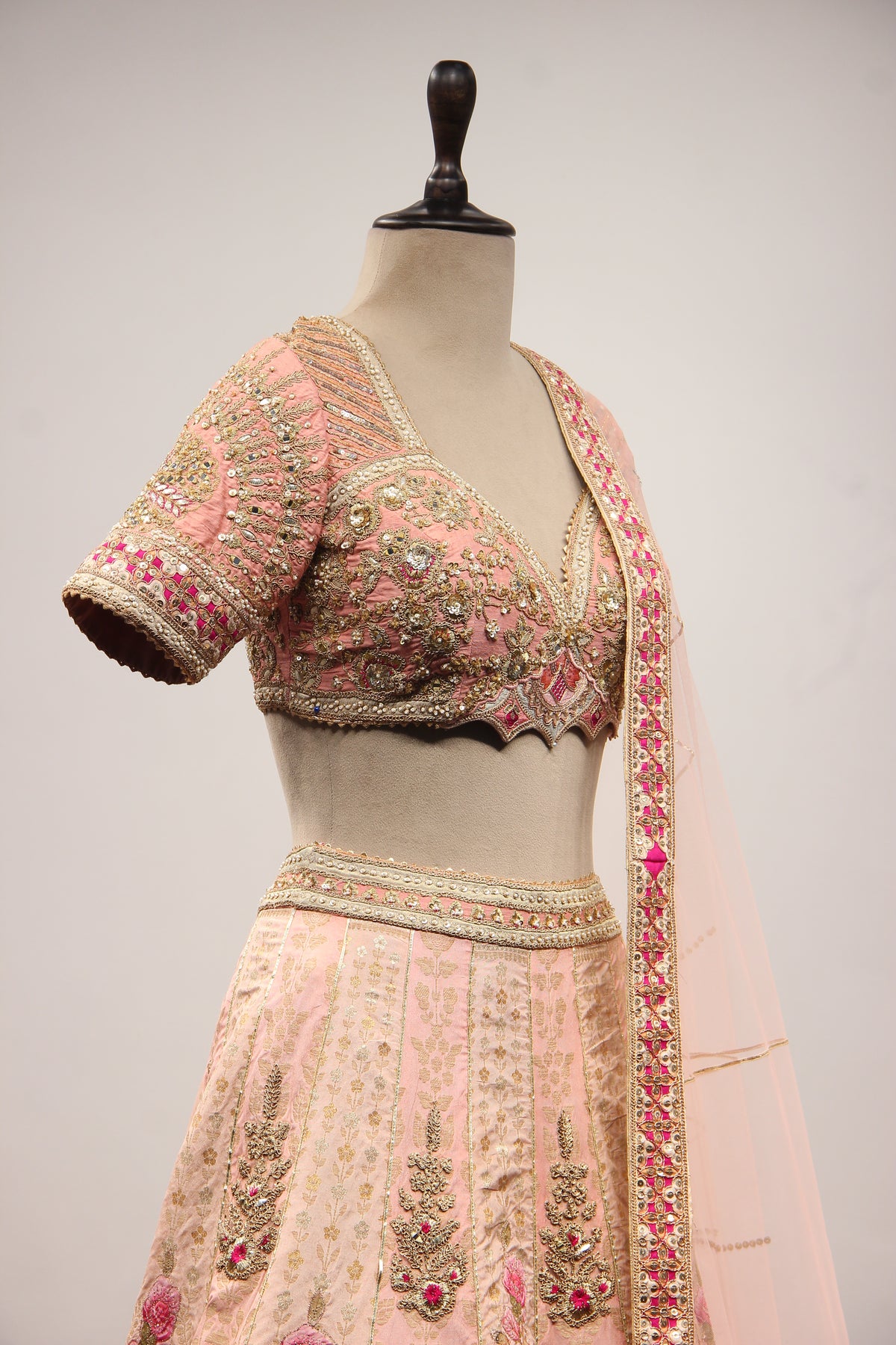 Pink Banarsi Brocade Lehenga with Gota Patti & Zari Handwork Crop Top