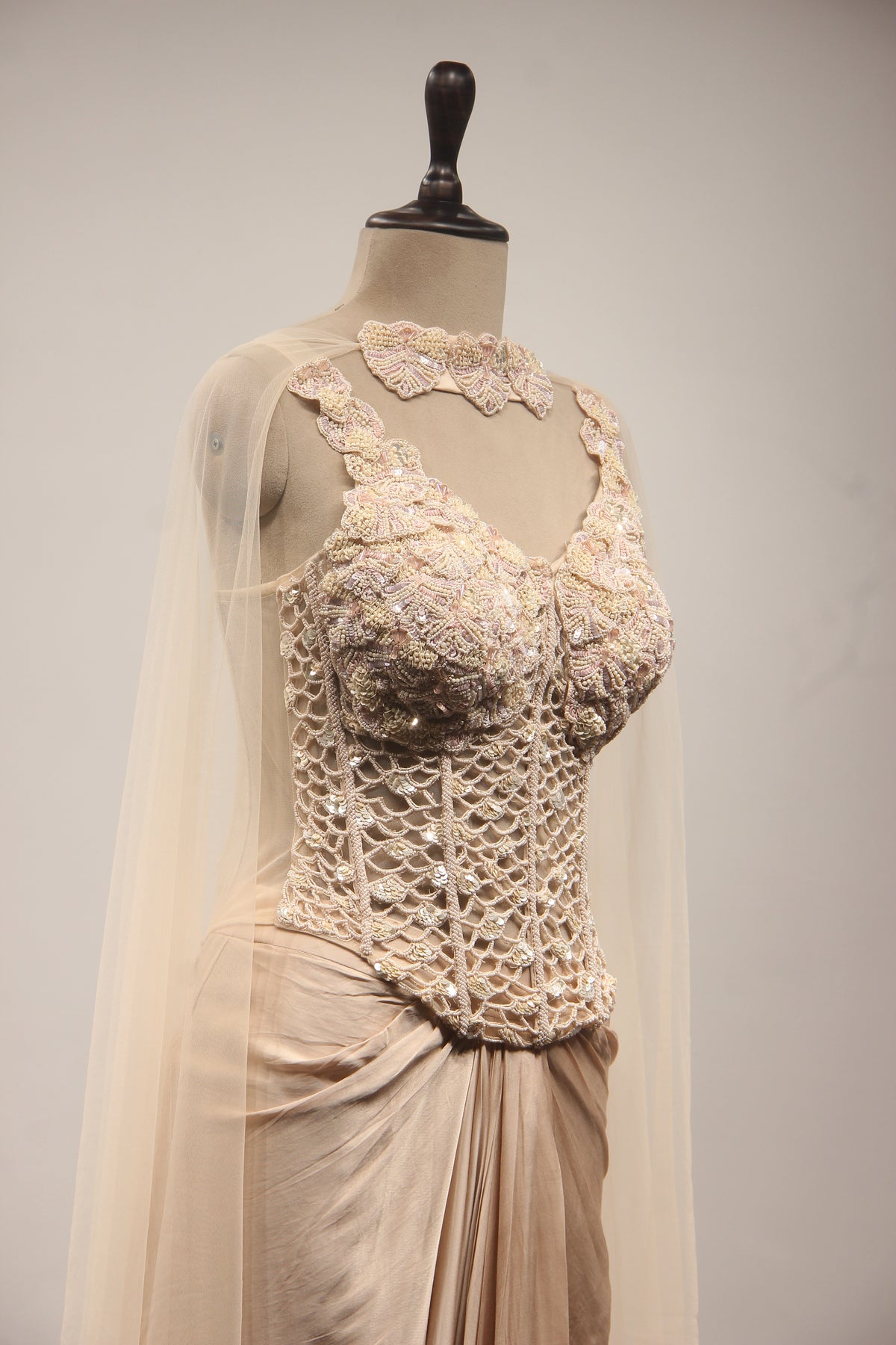 Beige Sequin & Mirror Embroidered Net Corset Blouse with Draped Cowl Skirt