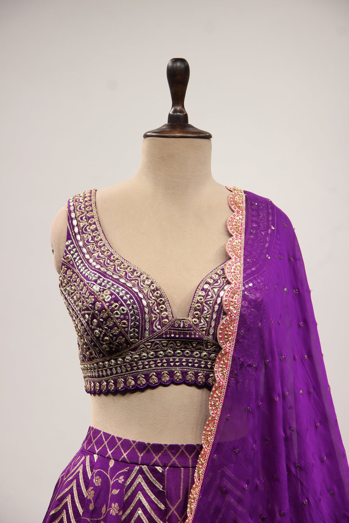 Purple Banarasi Brocade Lehenga with Mirror & Zari Handwork Crop Top – front close-up