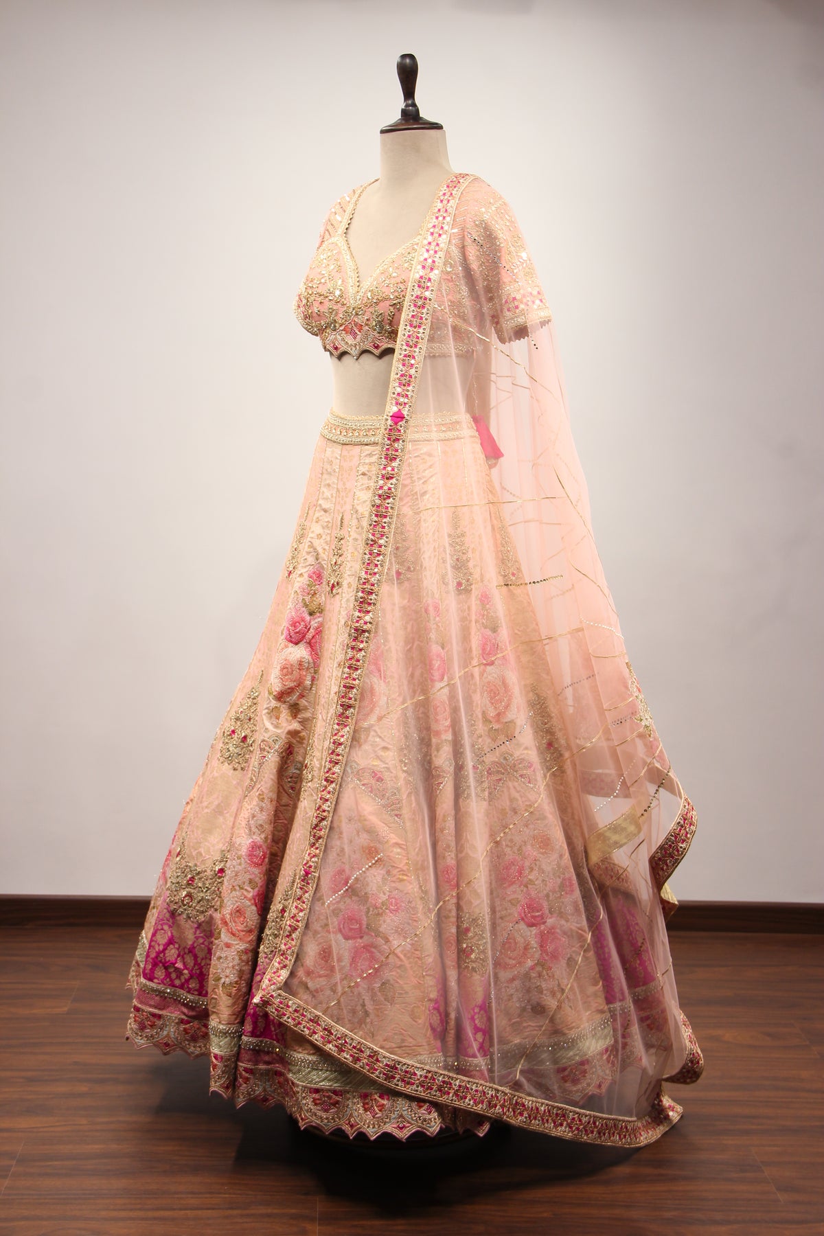 Pink Banarsi Brocade Lehenga with Gota Patti & Zari Handwork Crop Top