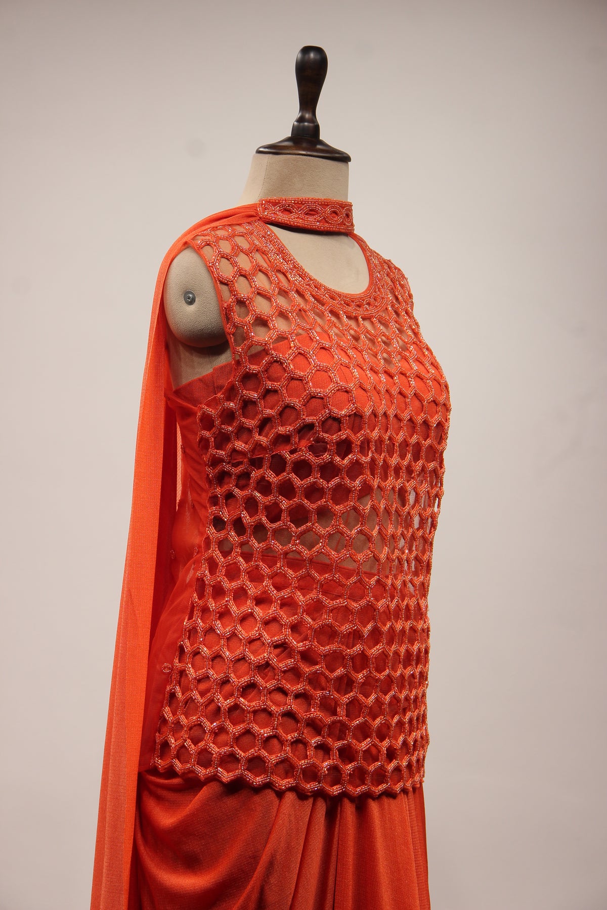 Imported Indo Western Honeycomb Long Top with Cut Dana & Bead Handwork in Orange – side close-up