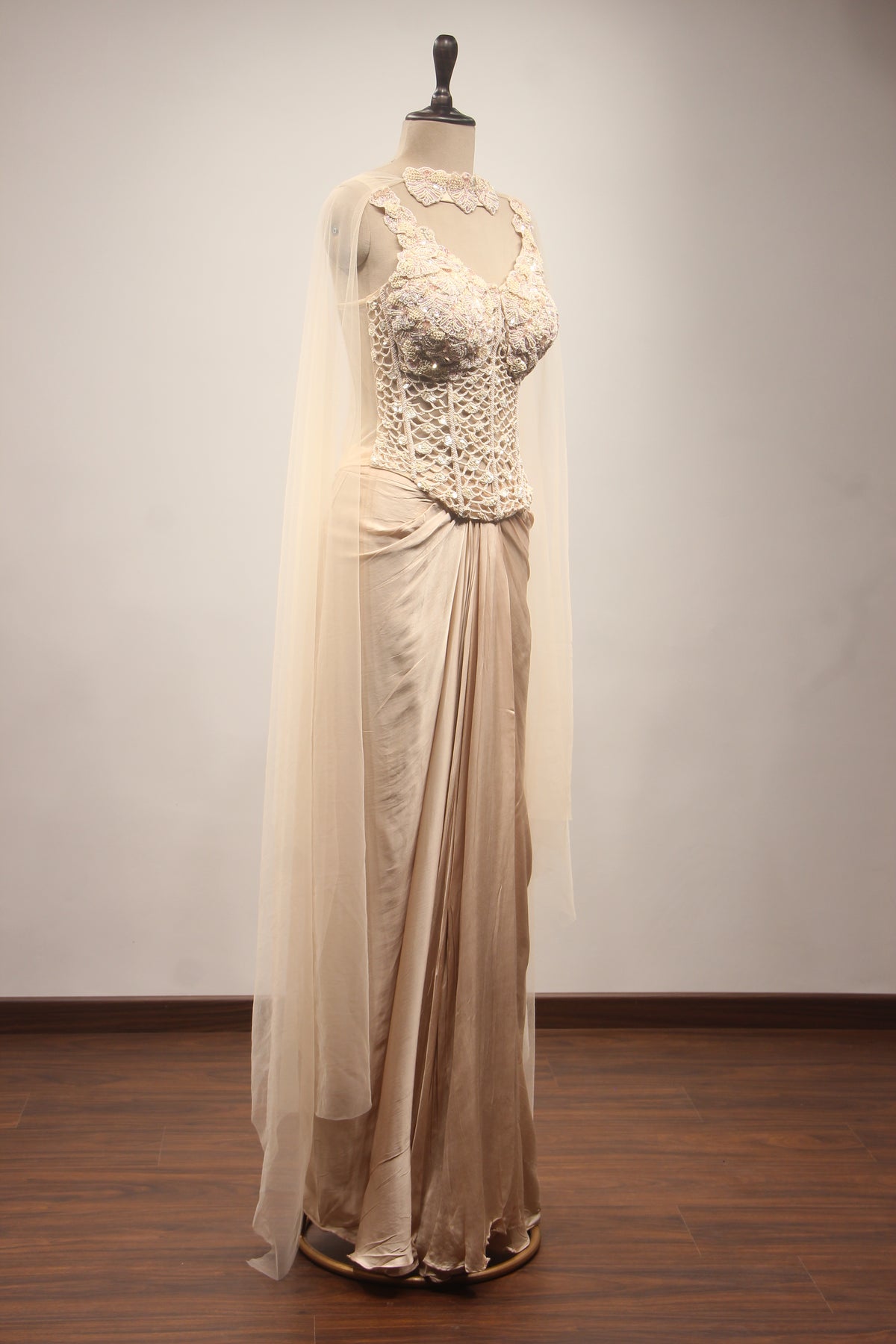 Beige Sequin & Mirror Embroidered Net Corset Blouse with Draped Cowl Skirt