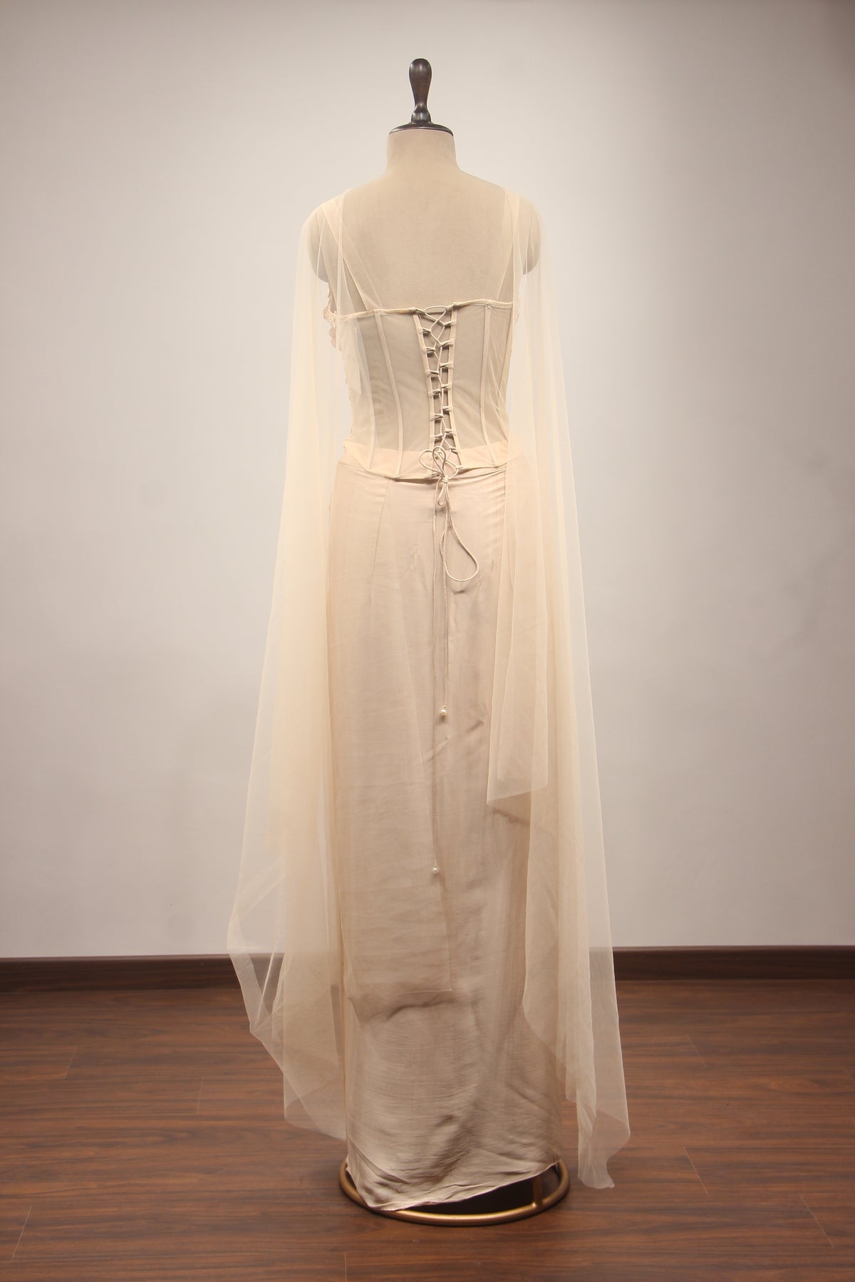Beige Sequin & Mirror Embroidered Net Corset Blouse with Draped Cowl Skirt
