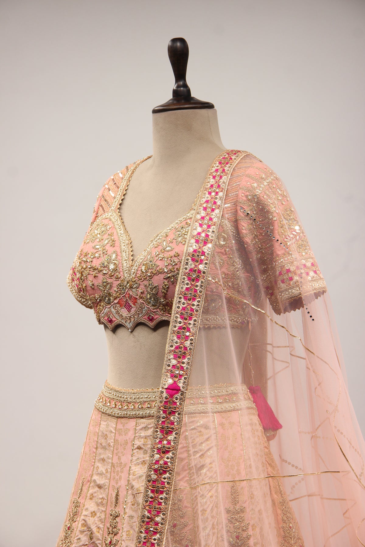 Pink Banarsi Brocade Lehenga with Gota Patti & Zari Handwork Crop Top