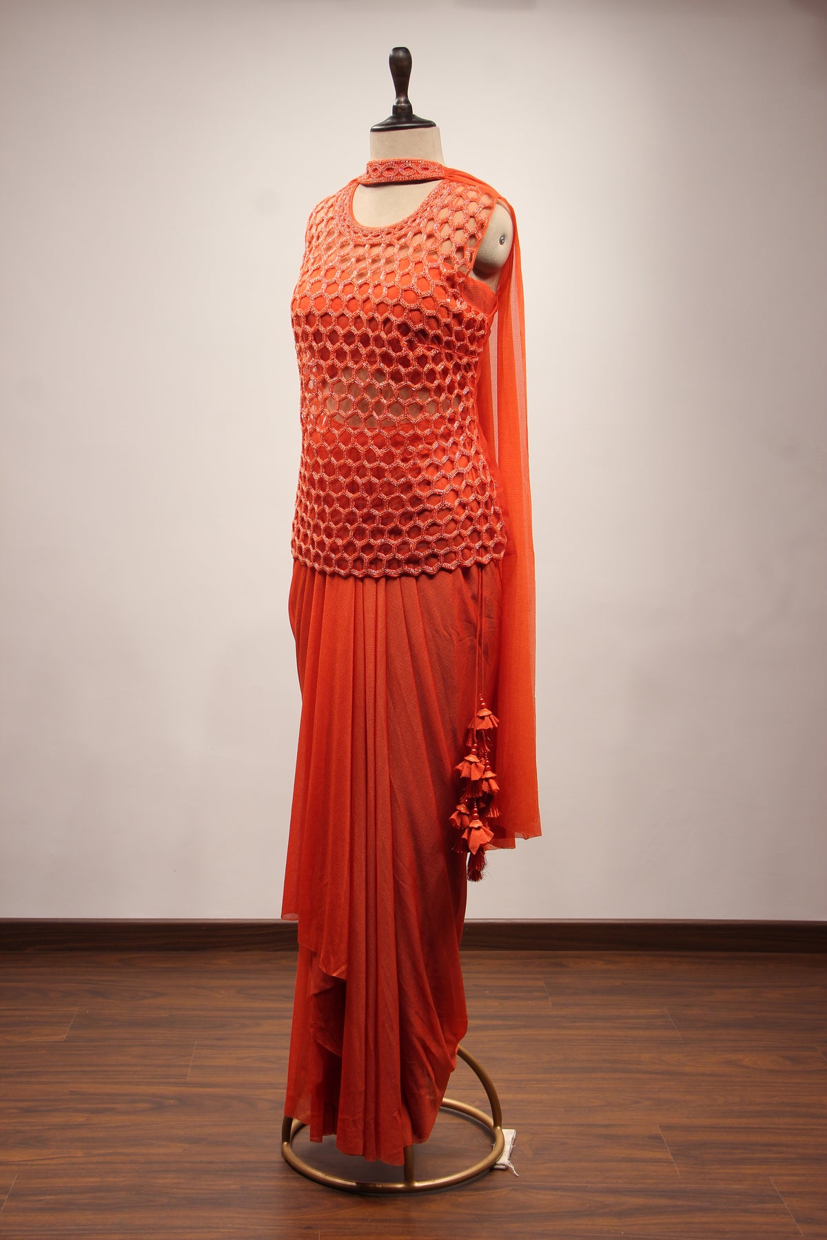 Imported Indo Western Honeycomb Long Top with Cut Dana & Bead Handwork in Orange – other side view