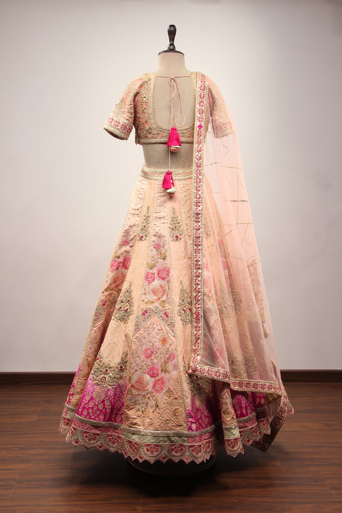 Pink Banarsi Brocade Lehenga with Gota Patti & Zari Handwork Crop Top