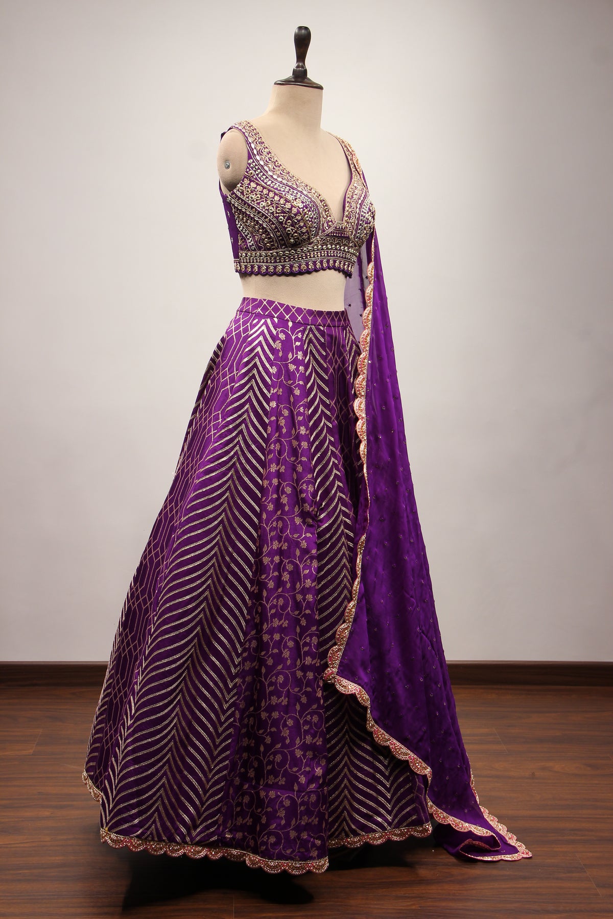 Purple Banarasi Brocade Lehenga with Mirror & Zari Handwork Crop Top – other side view