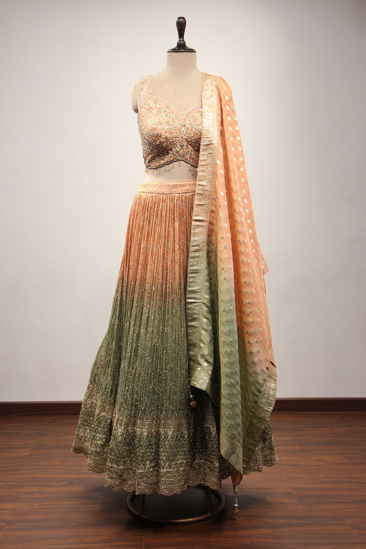 Ombre Tissue Lehenga with Resham & Mirror Handwork Crop Top