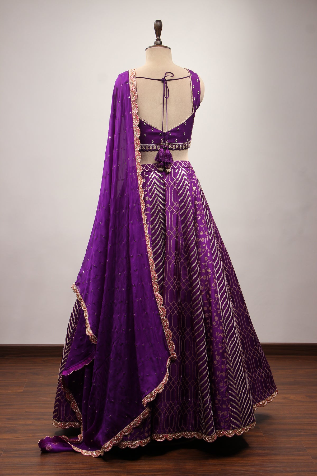 Purple Banarasi Brocade Lehenga with Mirror & Zari Handwork Crop Top – back view