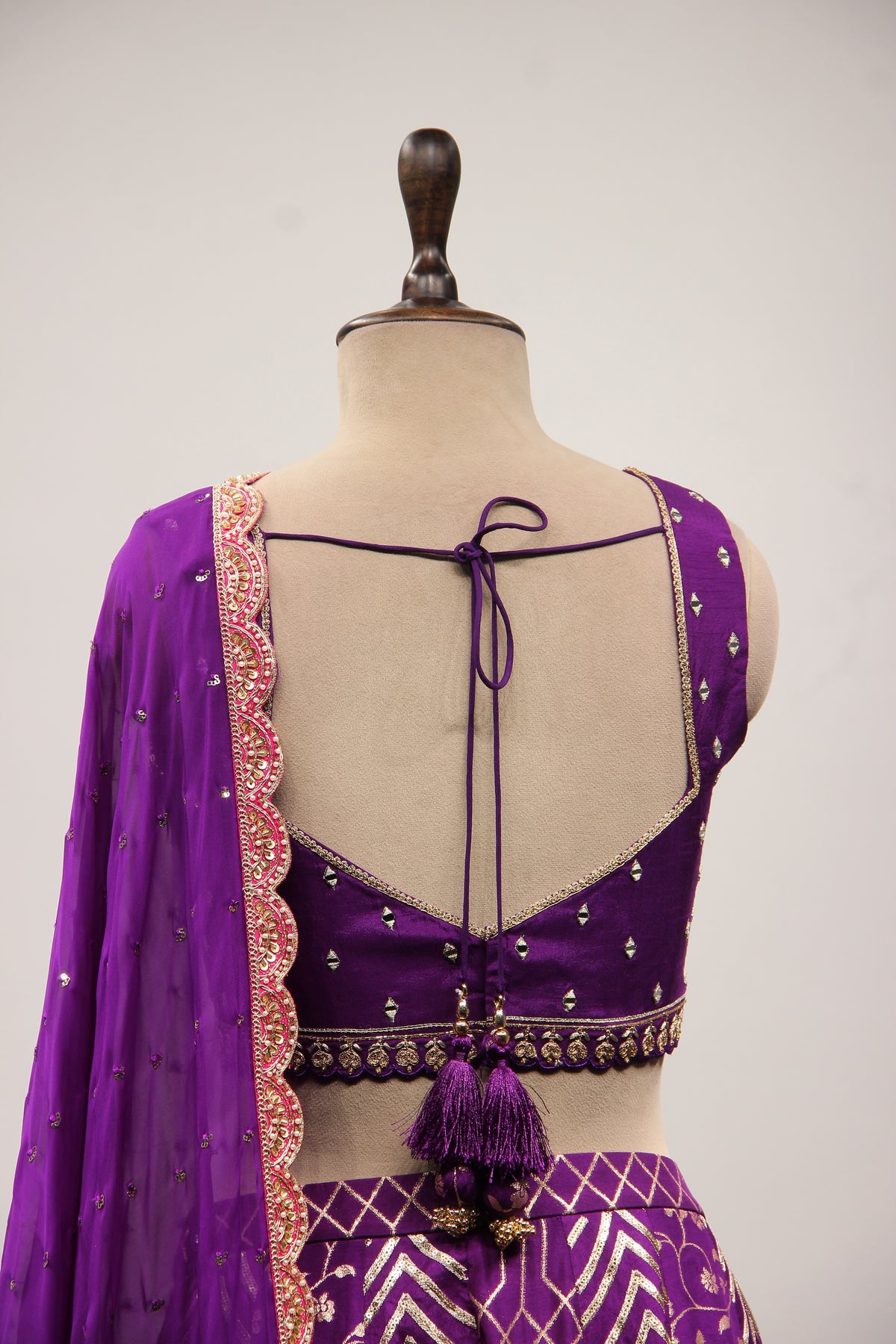 Purple Banarasi Brocade Lehenga with Mirror & Zari Handwork Crop Top – back close-up