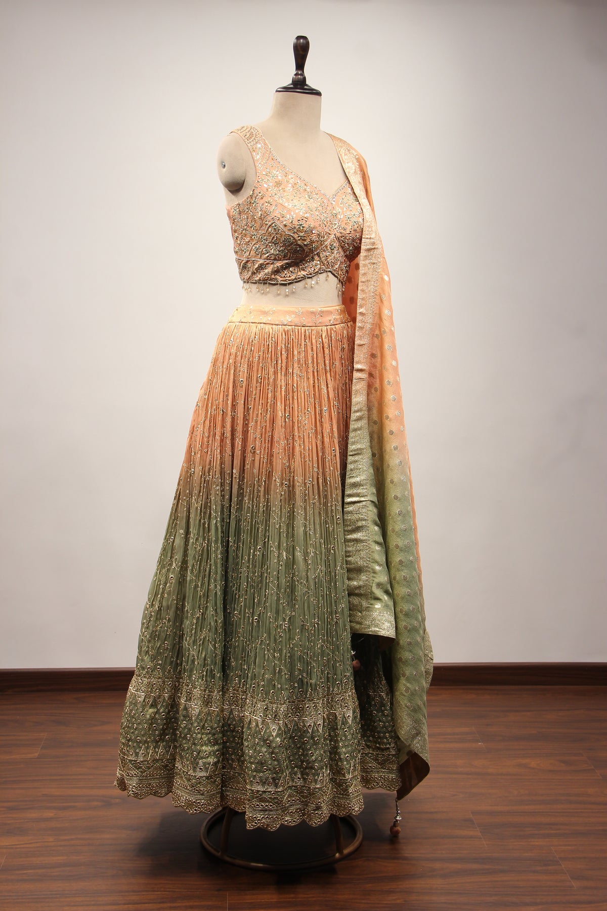 Ombre Tissue Lehenga with Resham & Mirror Handwork Crop Top