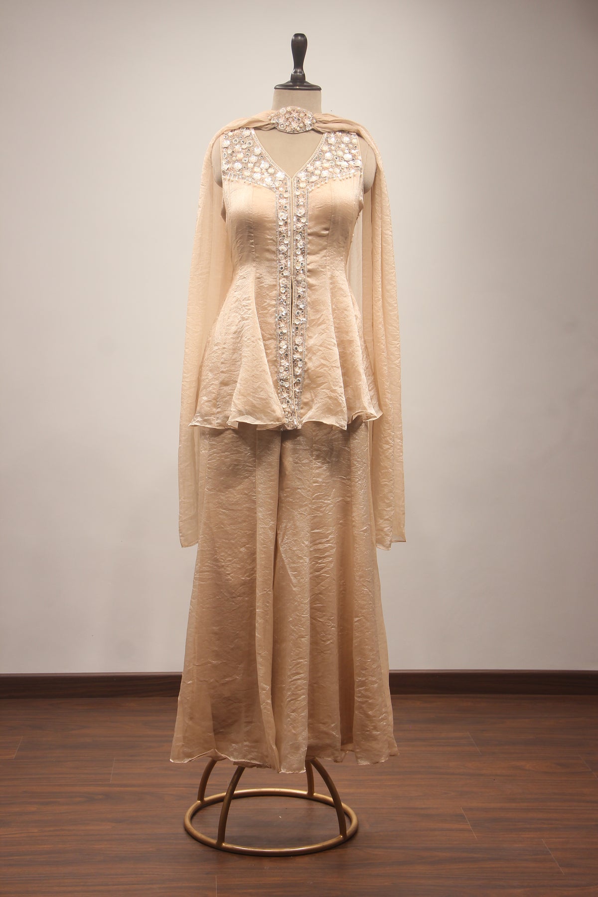 Peach Tissue Embroidered Peplum Top with Palazzo Pants & Choker Dupatta
