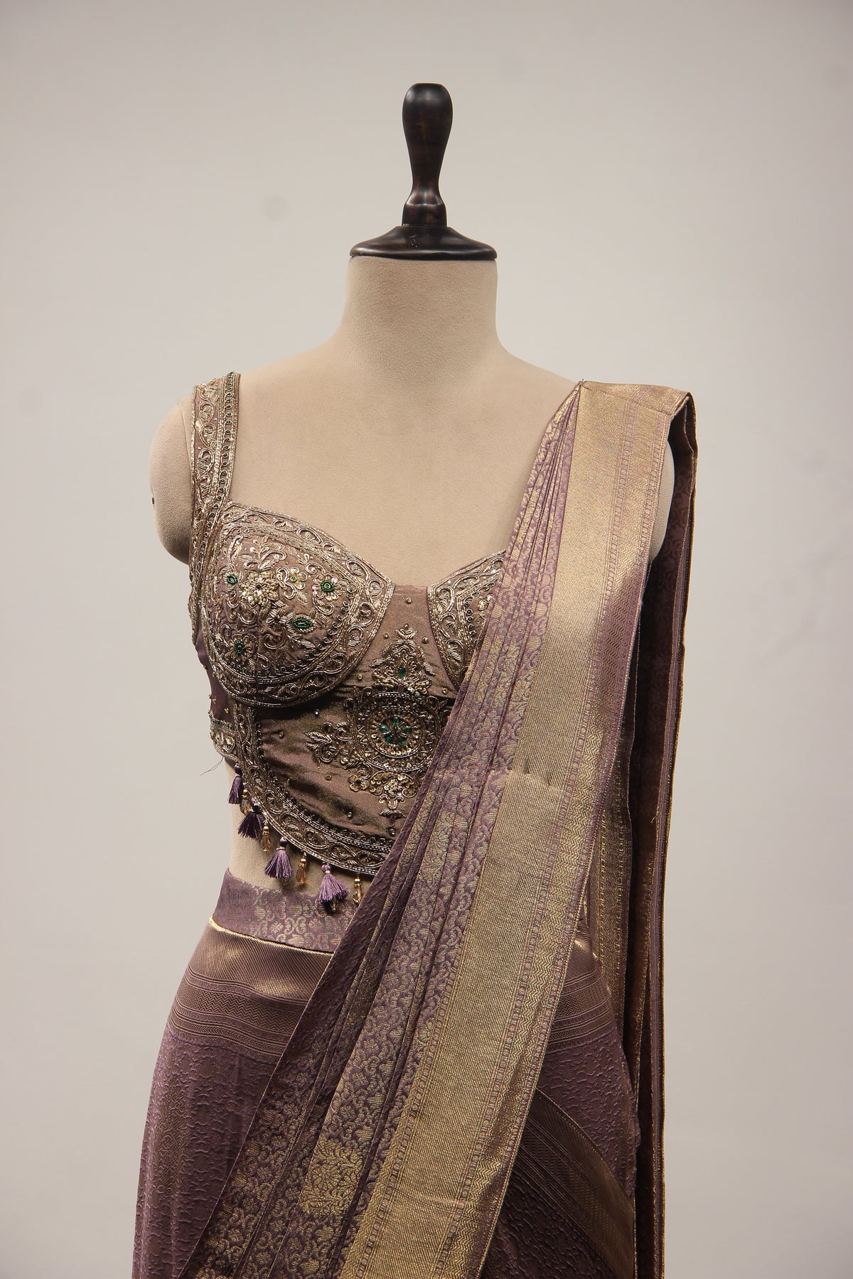 Banarasi Brocade Drape Saree with Zardozi & Cut Dana Handwork Corset in Purple – front close-up