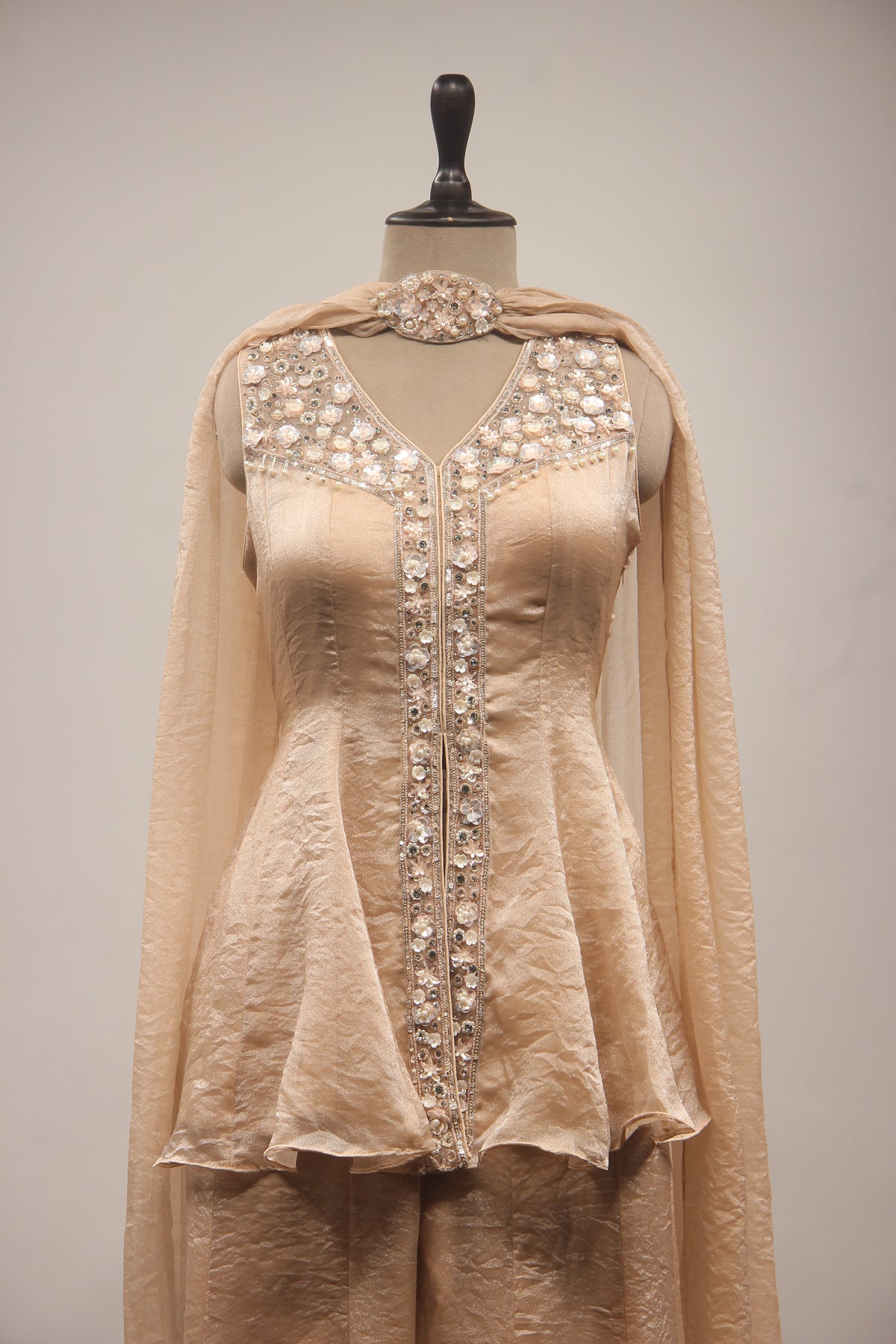 Peach Tissue Embroidered Peplum Top with Palazzo Pants & Choker Dupatta