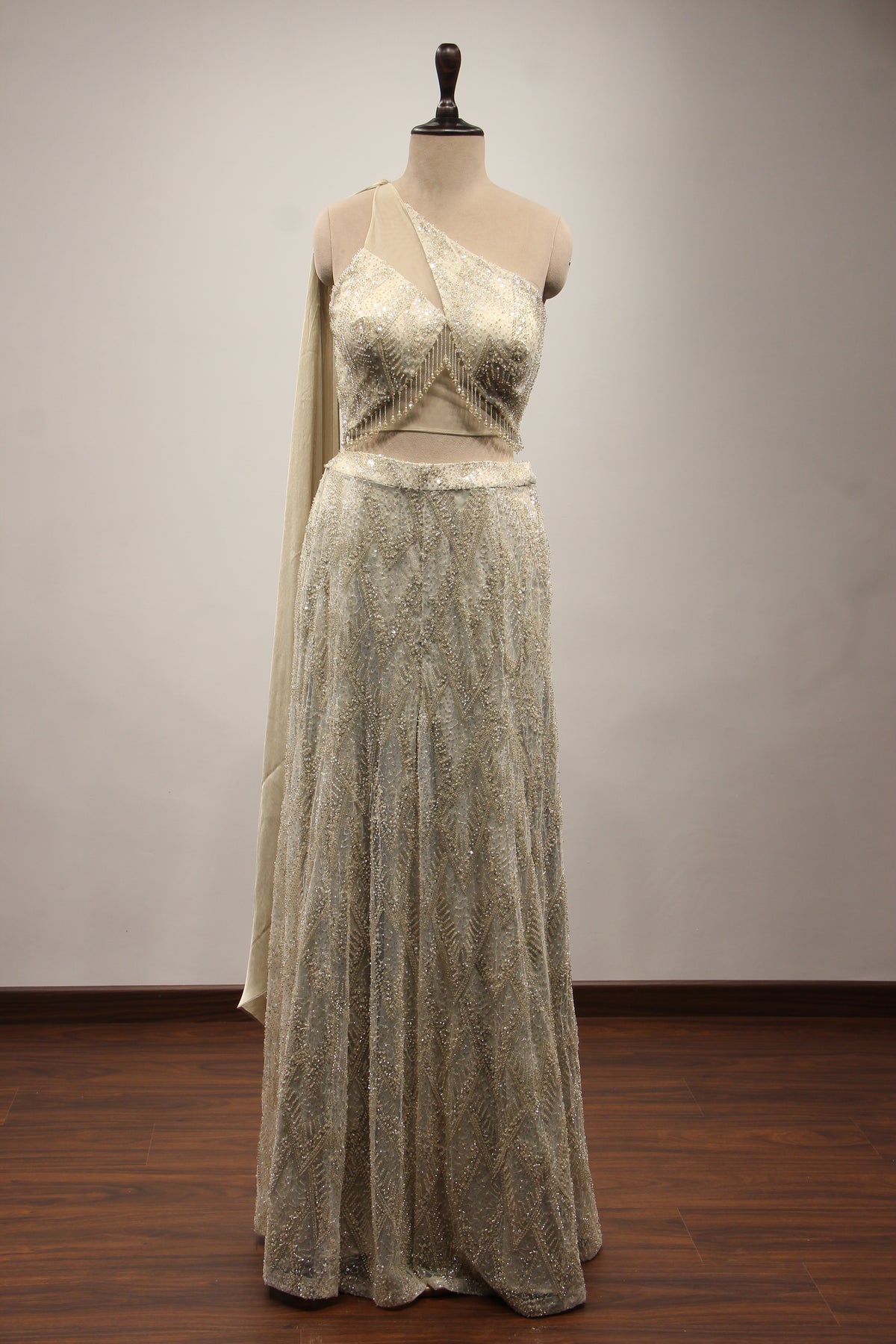 Imported Indo Western Palazzo with Sequin & Cut Dana Handwork Crop Top in Cream – front view