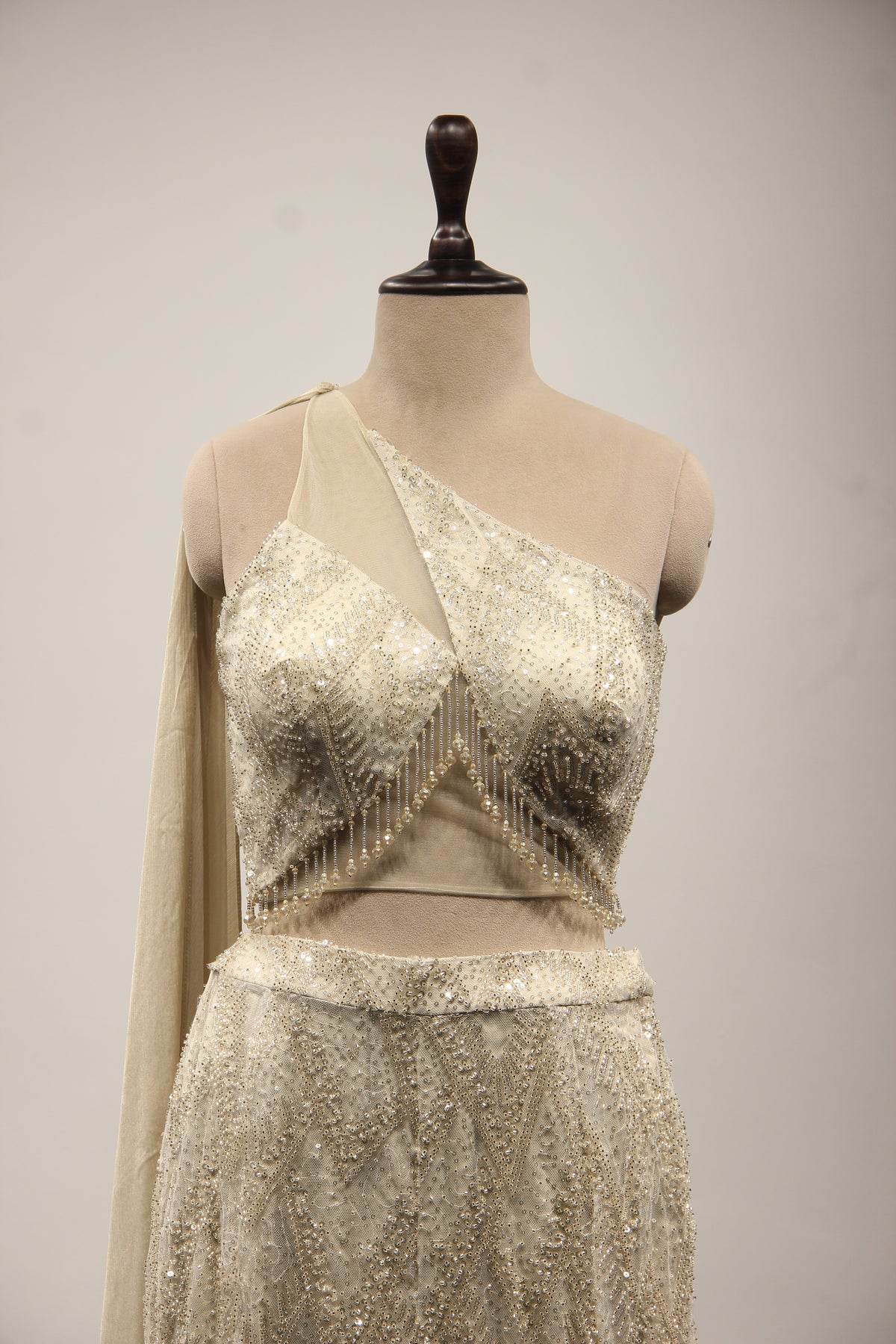 Imported Indo Western Palazzo with Sequin & Cut Dana Handwork Crop Top in Cream – front close-up