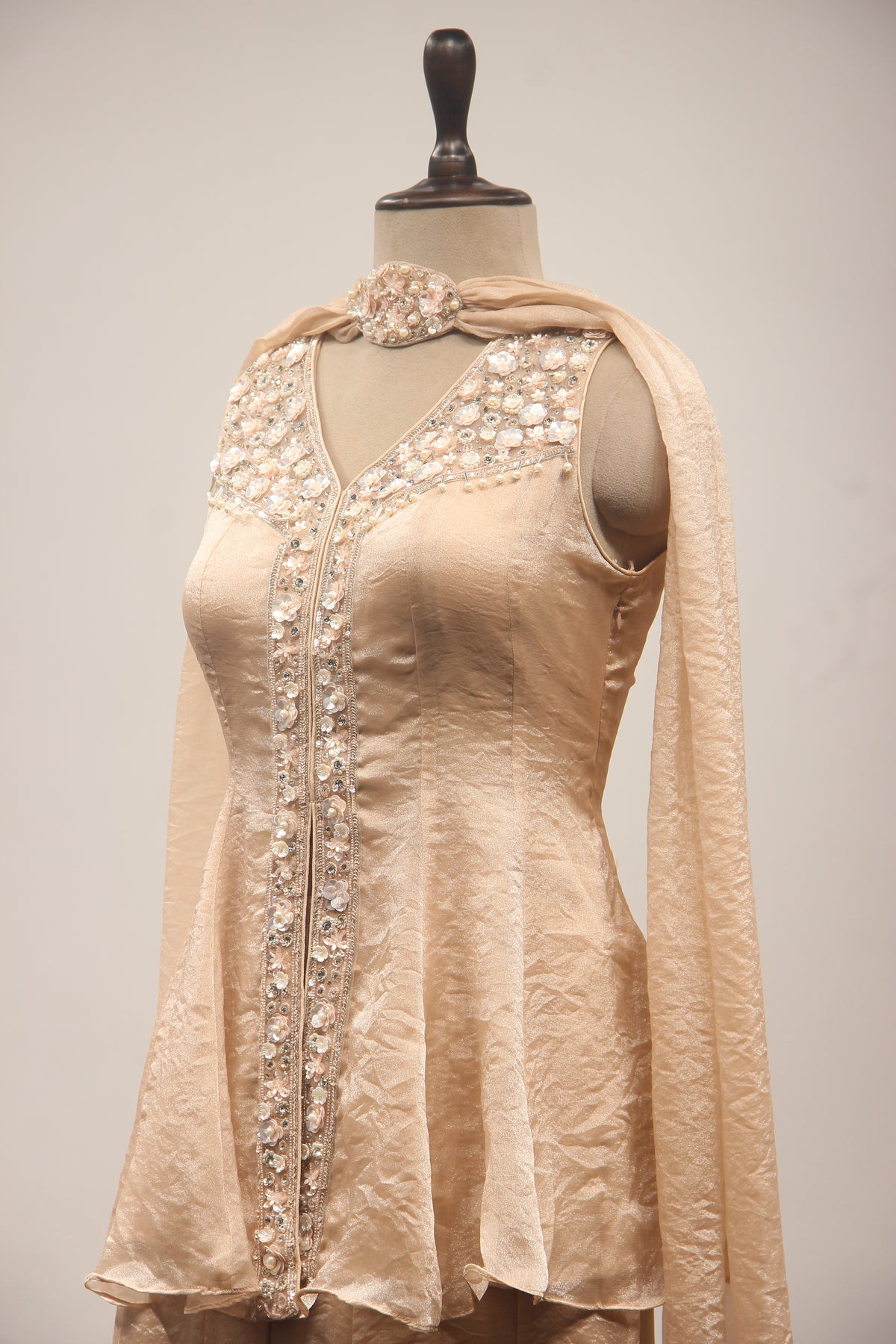 Peach Tissue Embroidered Peplum Top with Palazzo Pants & Choker Dupatta