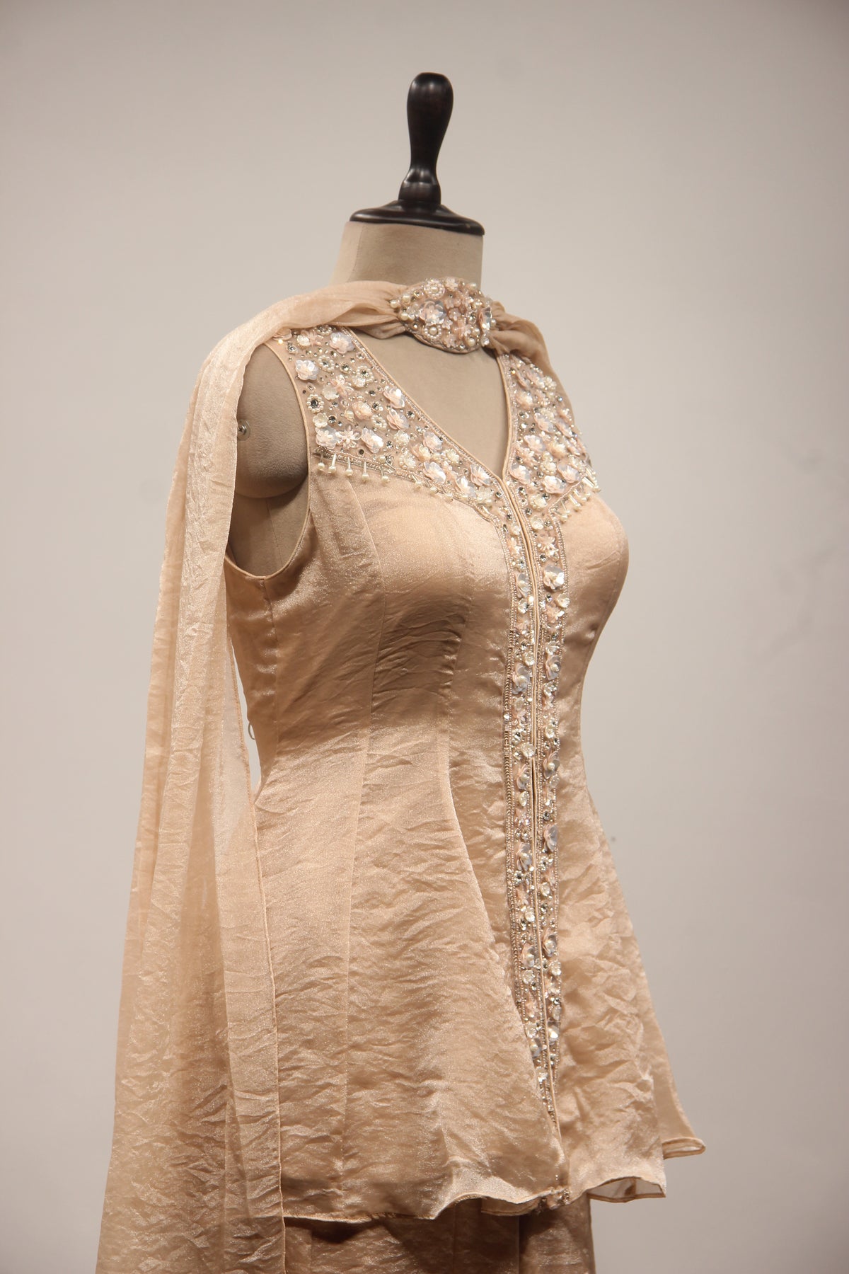 Peach Tissue Embroidered Peplum Top with Palazzo Pants & Choker Dupatta