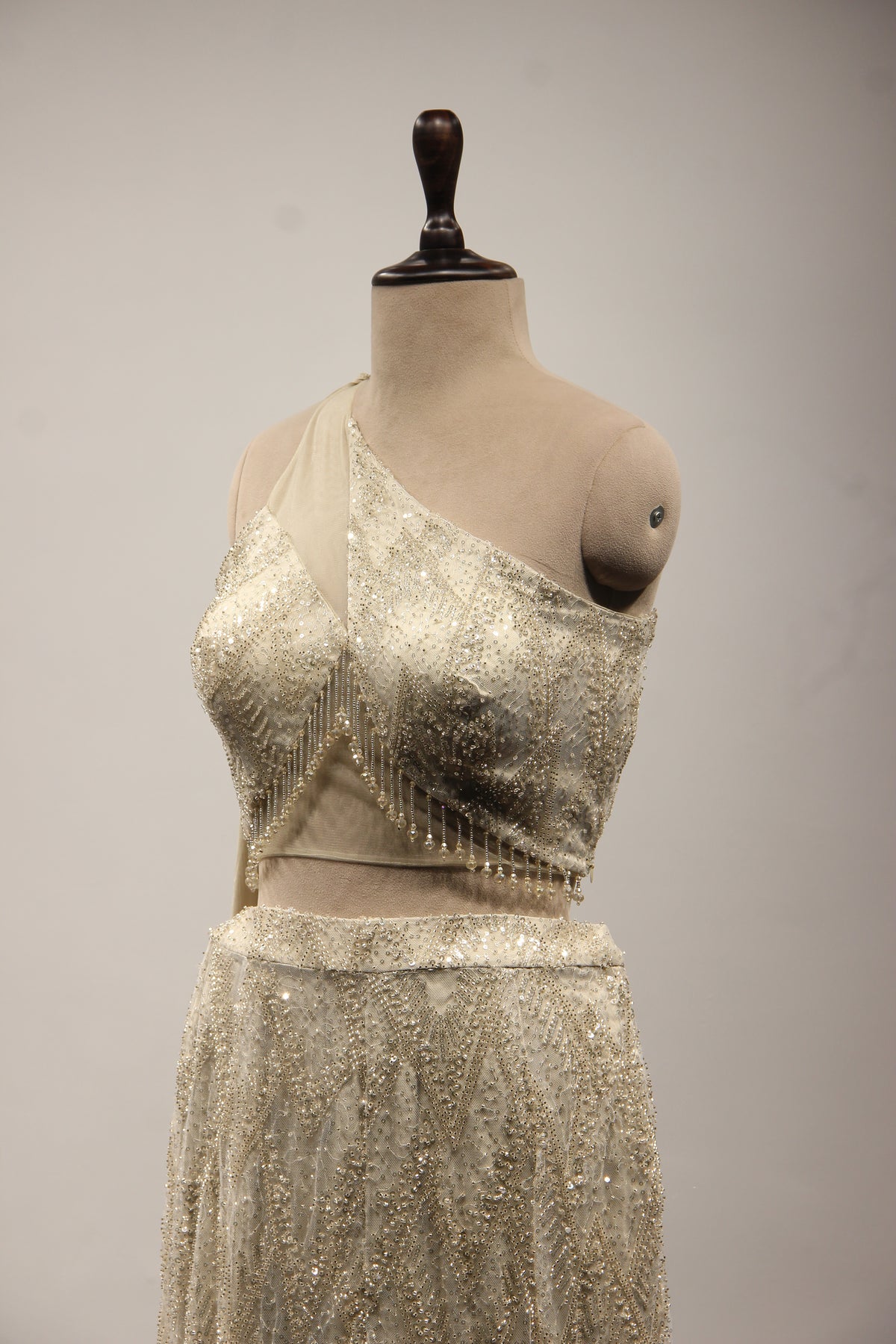 Imported Indo Western Palazzo with Sequin & Cut Dana Handwork Crop Top in Cream – other side close-up