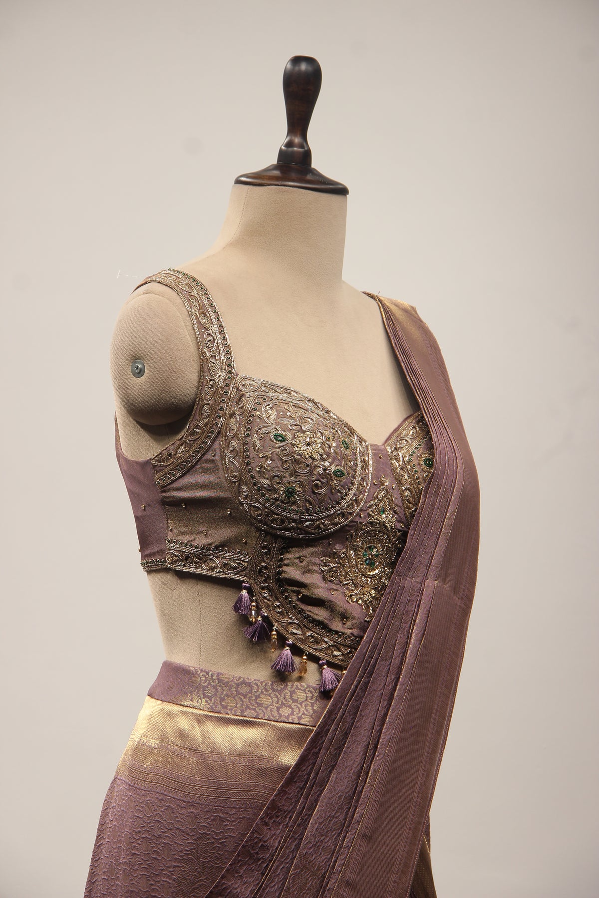 Banarasi Brocade Drape Saree with Zardozi & Cut Dana Handwork Corset in Purple – side close-up