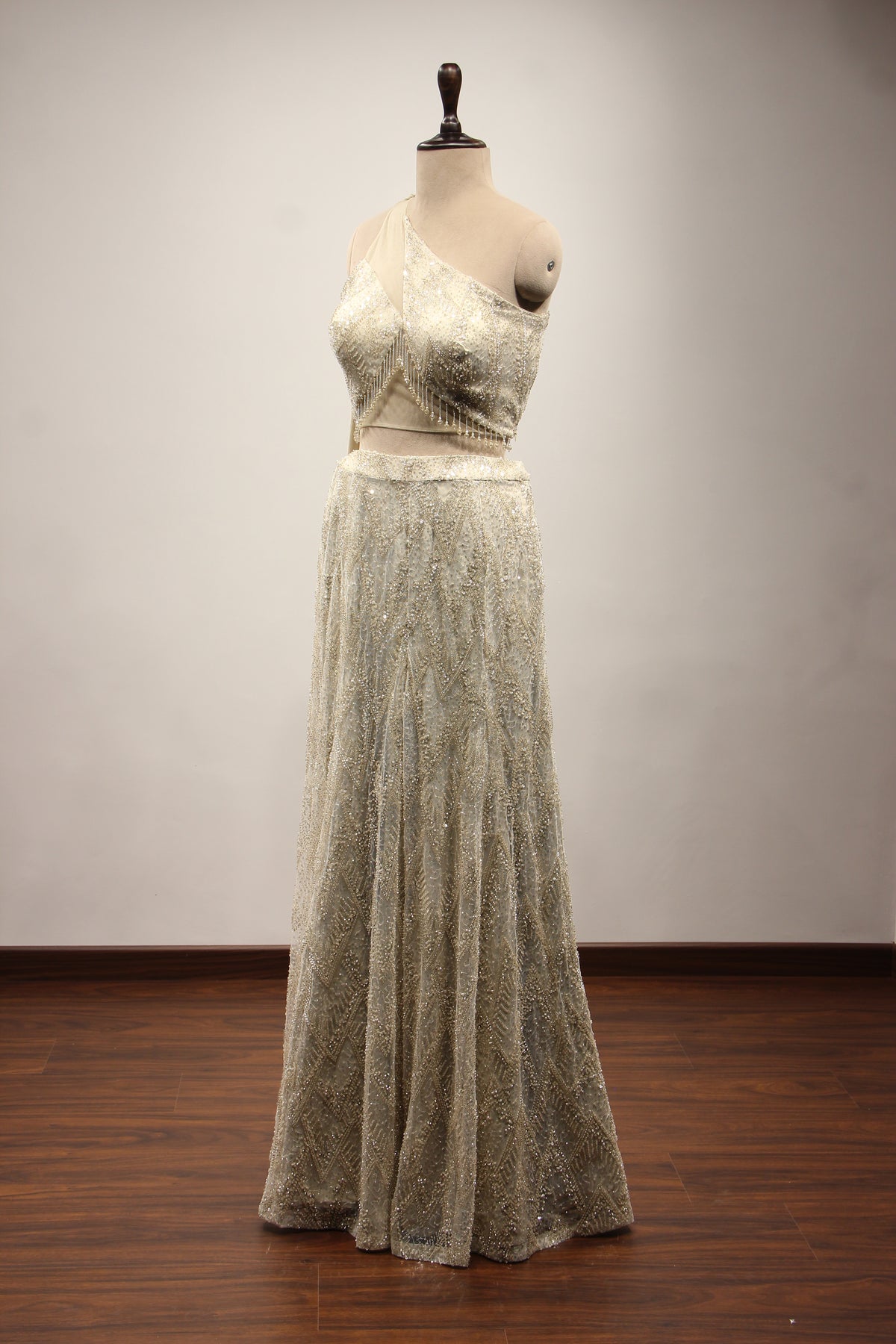 Imported Indo Western Palazzo with Sequin & Cut Dana Handwork Crop Top in Cream – other side view