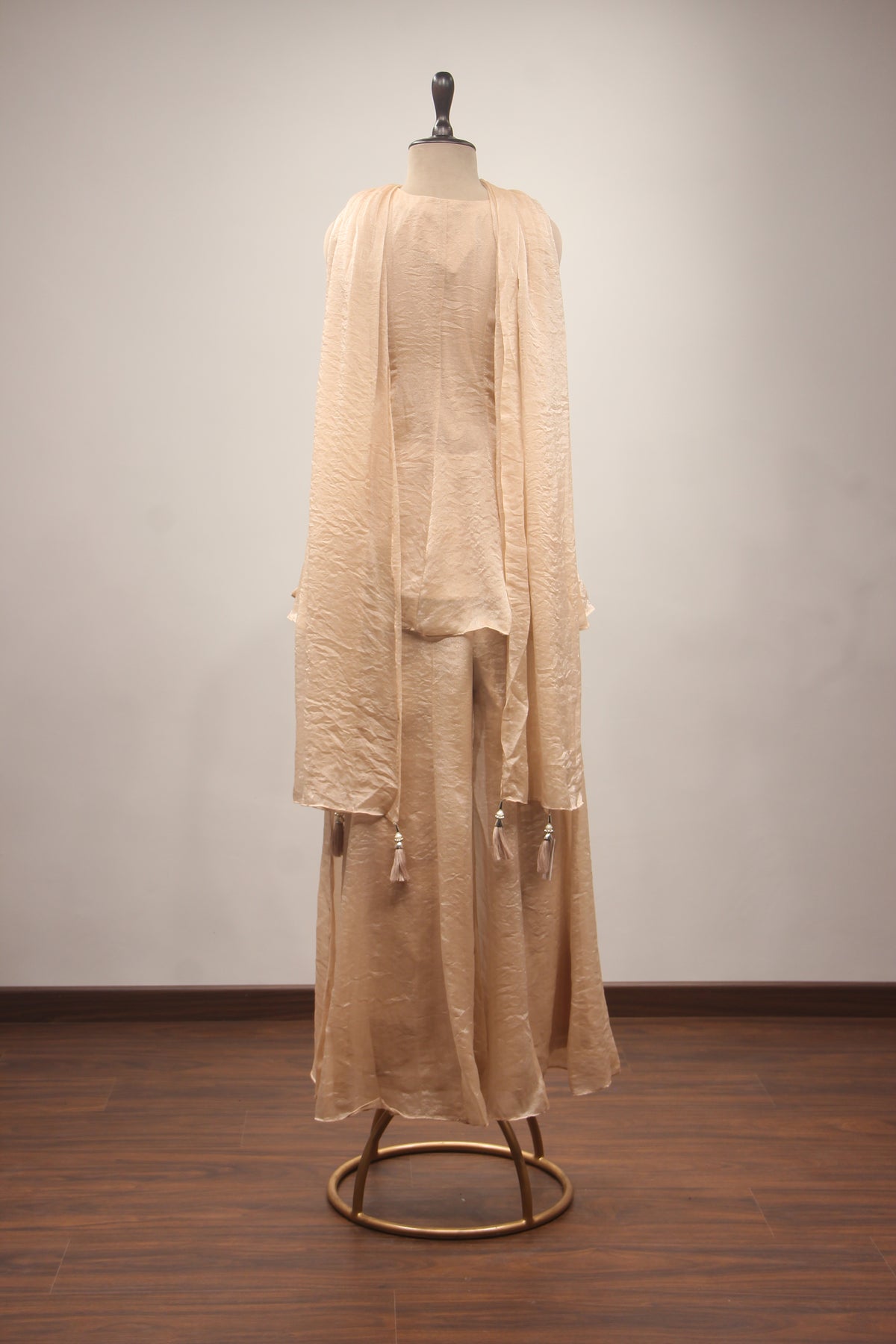 Peach Tissue Embroidered Peplum Top with Palazzo Pants & Choker Dupatta