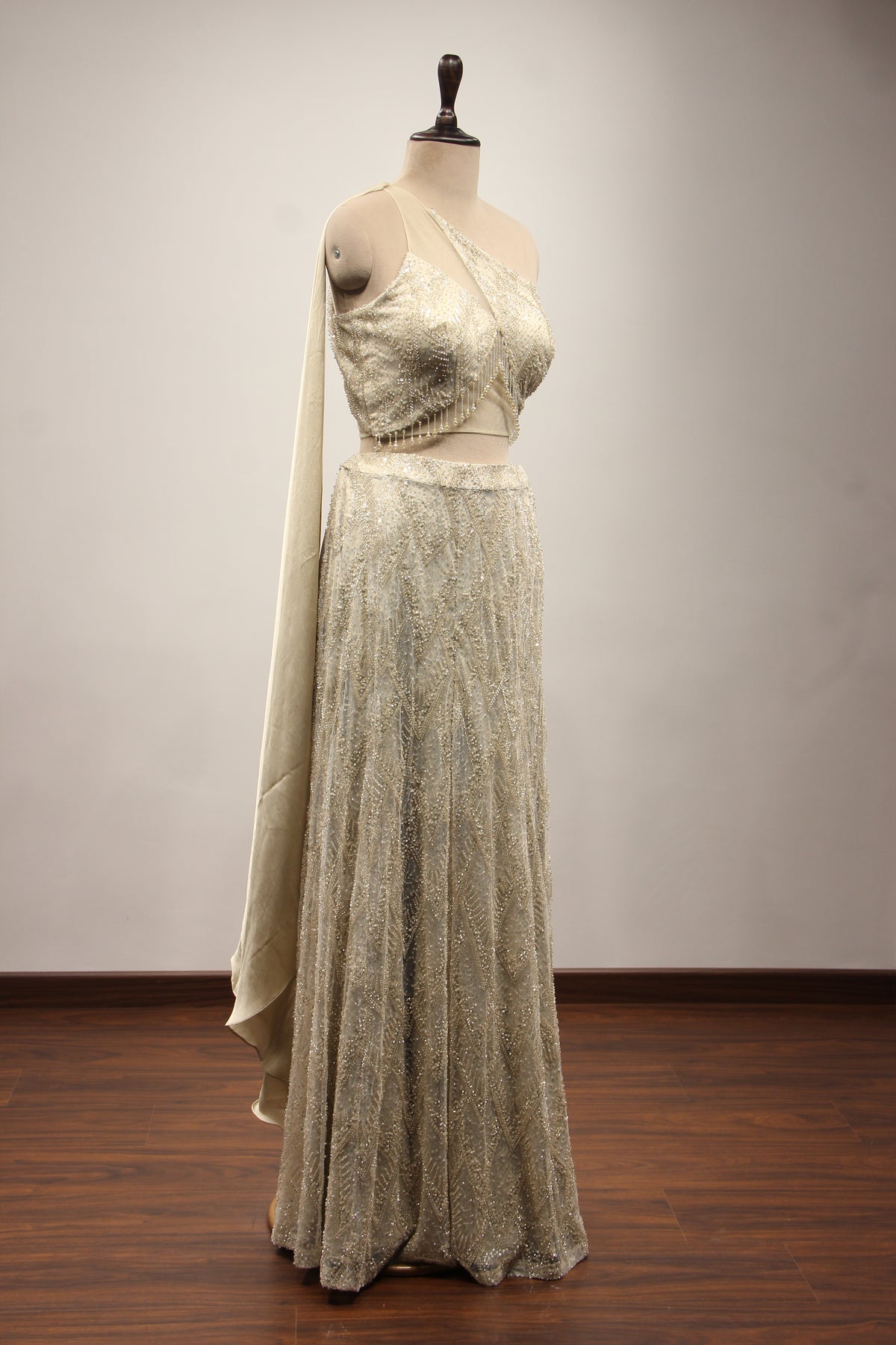 Imported Indo Western Palazzo with Sequin & Cut Dana Handwork Crop Top in Cream – side view
