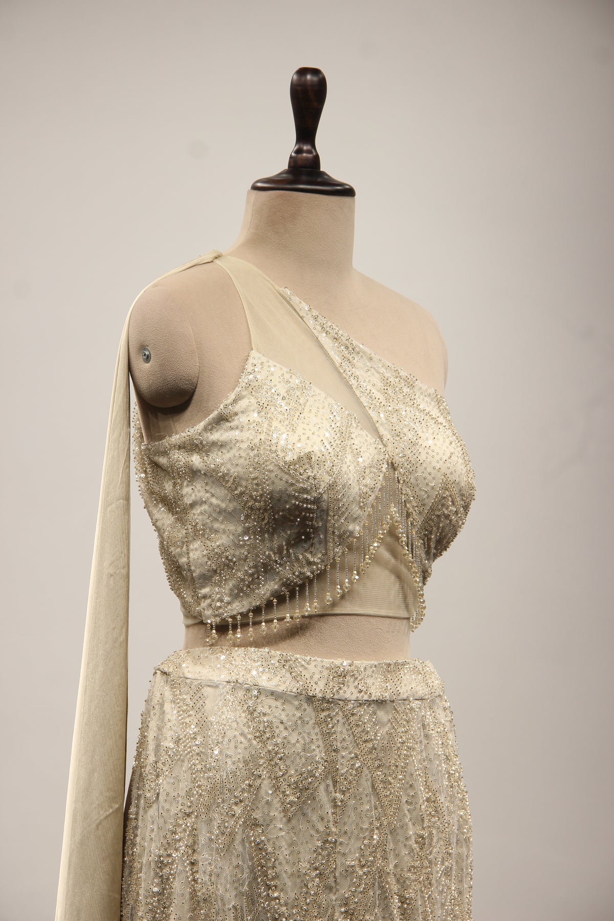Imported Indo Western Palazzo with Sequin & Cut Dana Handwork Crop Top in Cream – side close-up