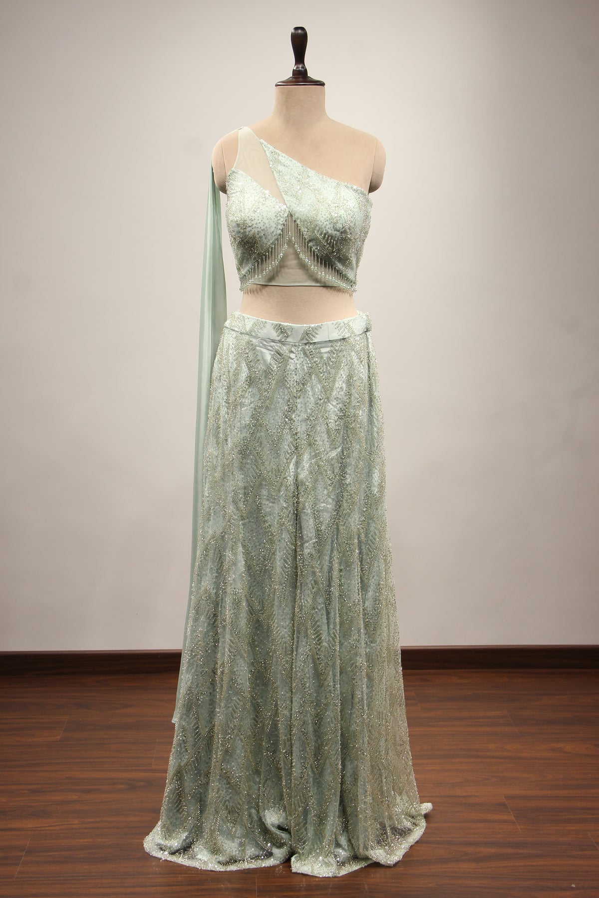Imported Indo Western Palazzo with Sequin & Cut Dana Handwork Crop Top in Blue – front view