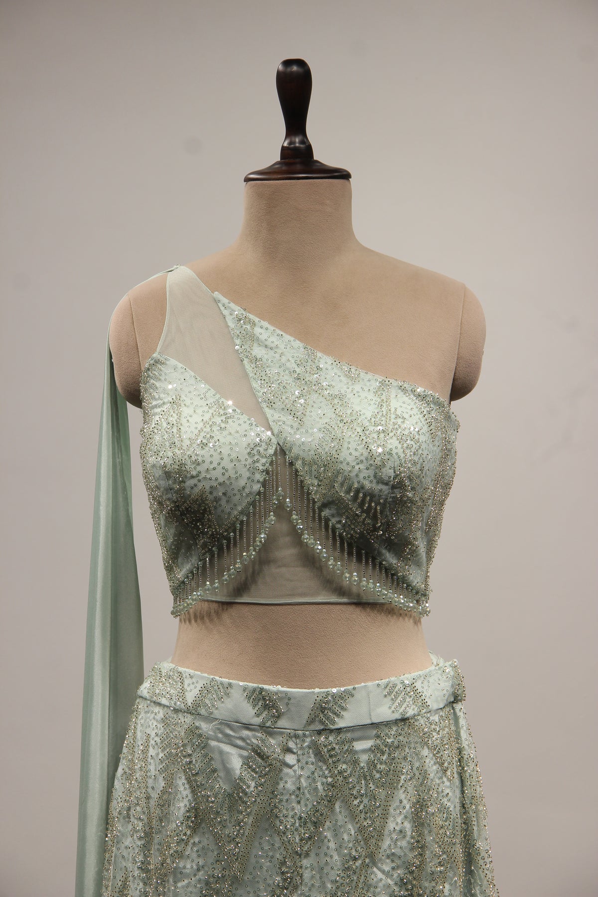 Imported Indo Western Palazzo with Sequin & Cut Dana Handwork Crop Top in Blue – front close-up