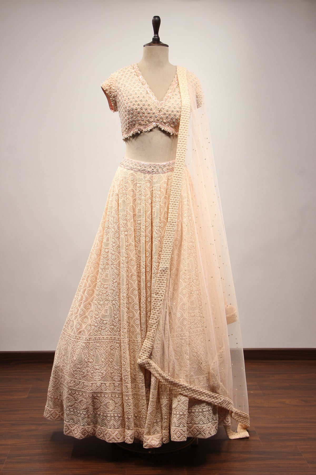 Peach Lucknavi Lehenga with Bead & Pearl Handwork Crop Top