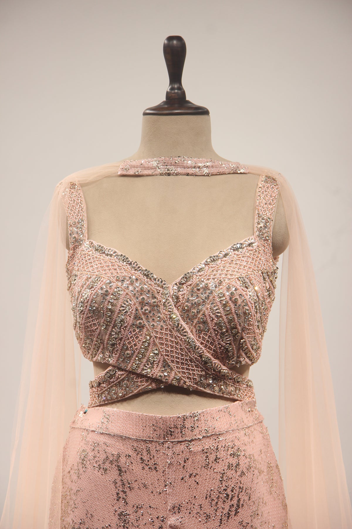 Pink Embellished Imported Fabric Crop Top with Corset Blouse, Palazzo & Choker Dupatta Indowestern Set