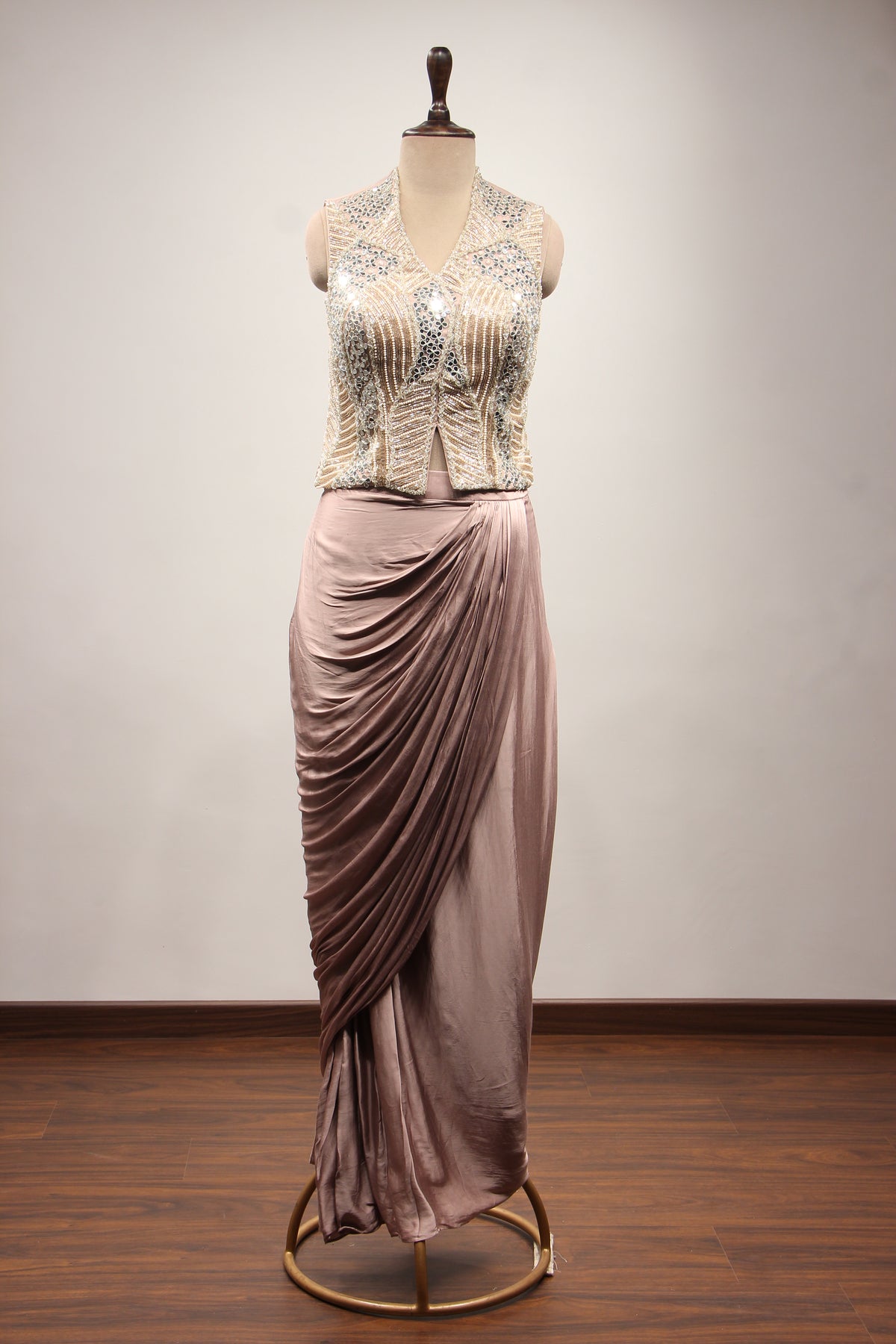 Rose Gold Crepe Long Top Indo Western with Mirror & Cut Dana Handwork – front view
