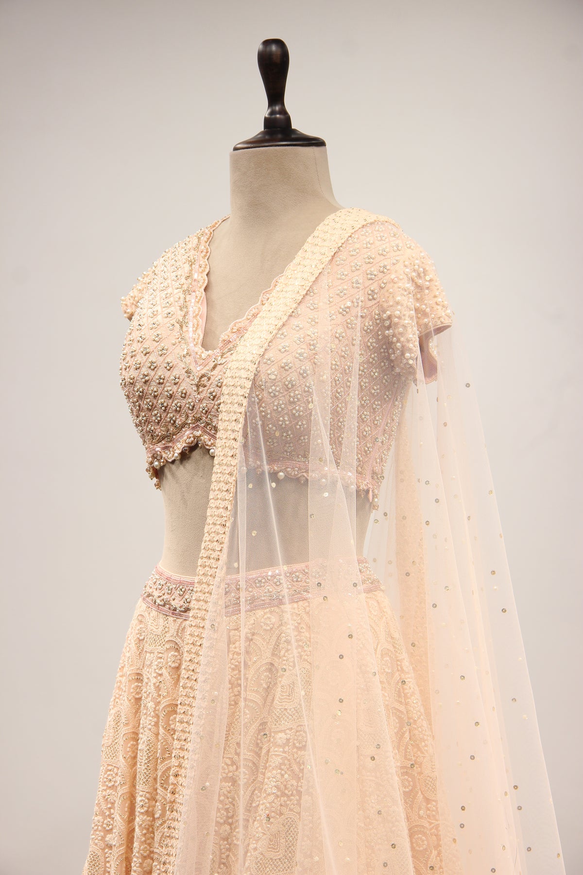 Peach Lucknavi Lehenga with Bead & Pearl Handwork Crop Top
