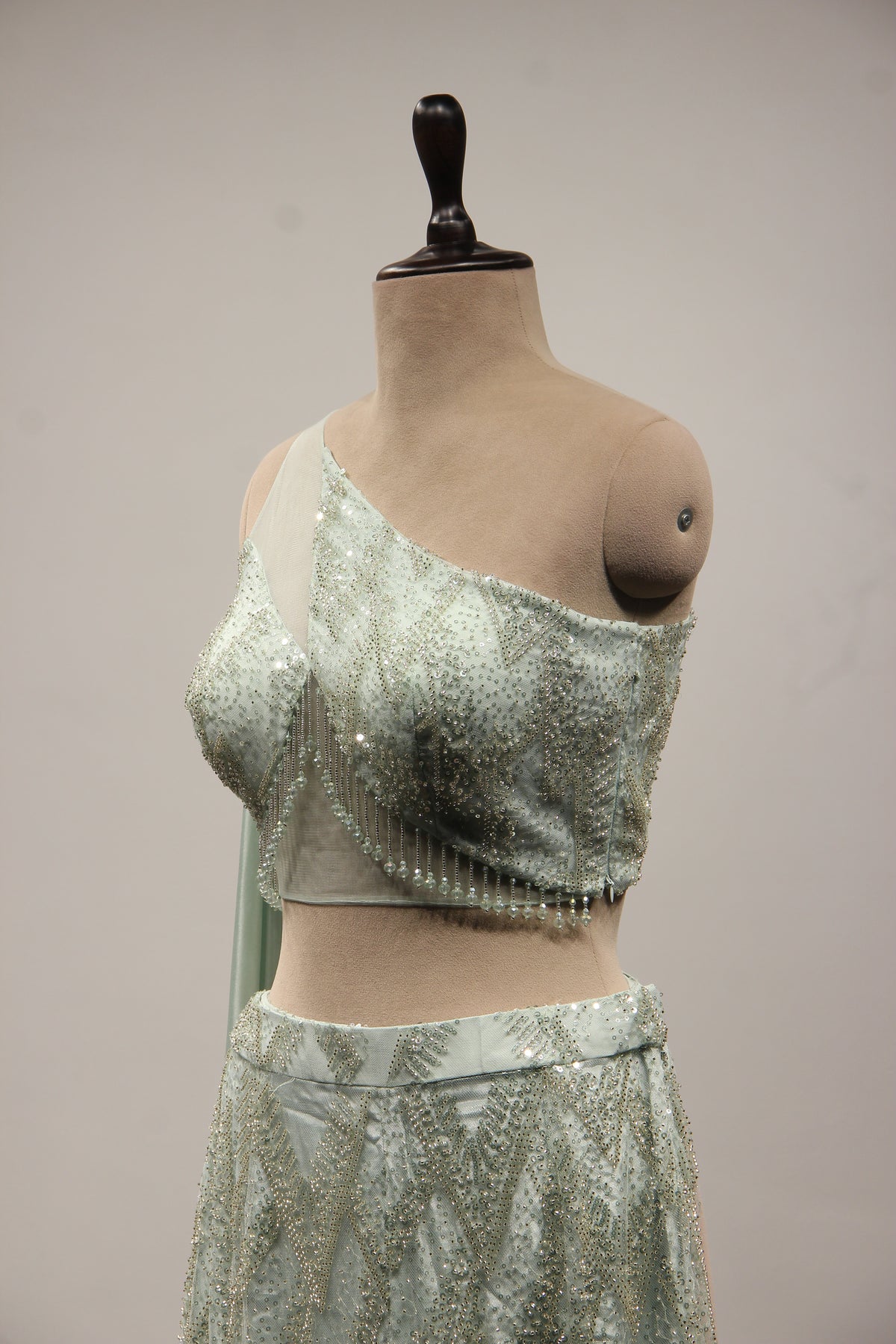 Imported Indo Western Palazzo with Sequin & Cut Dana Handwork Crop Top in Blue – other side close-up