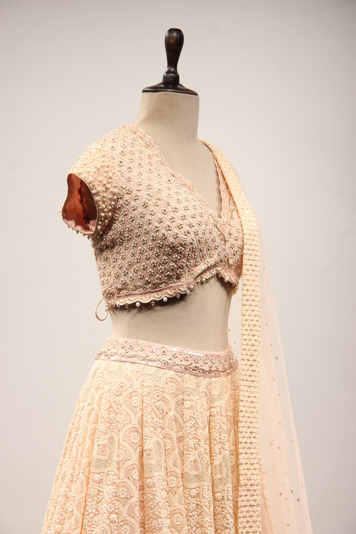 Peach Lucknavi Lehenga with Bead & Pearl Handwork Crop Top